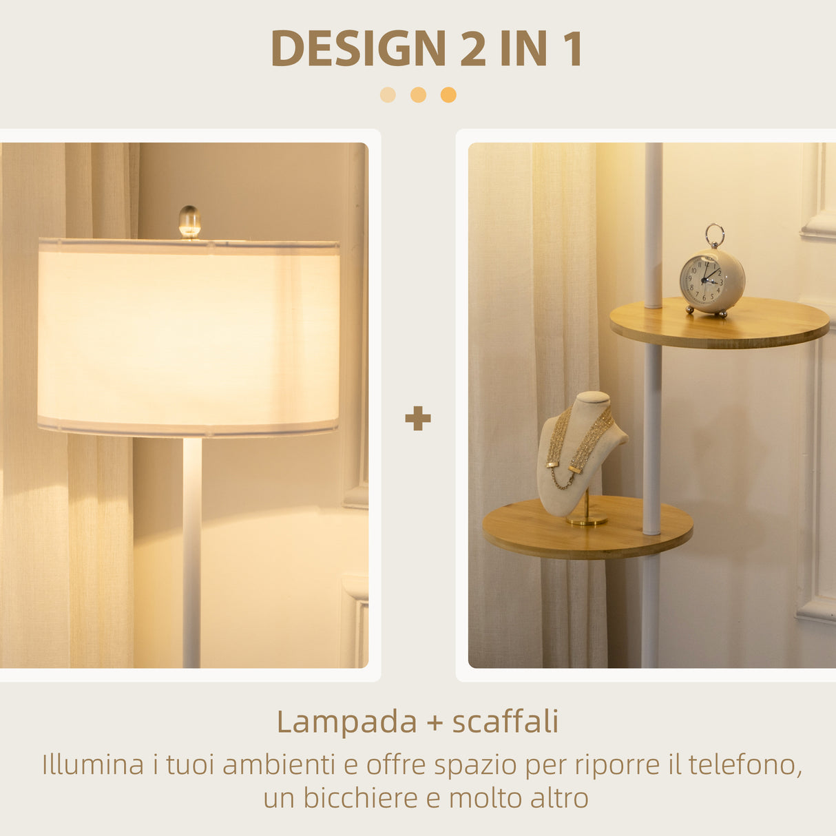 easycomfort easycomfort lampada da terra a piantana con 2 mensole e paralume in tessuto 40x163cm bianco