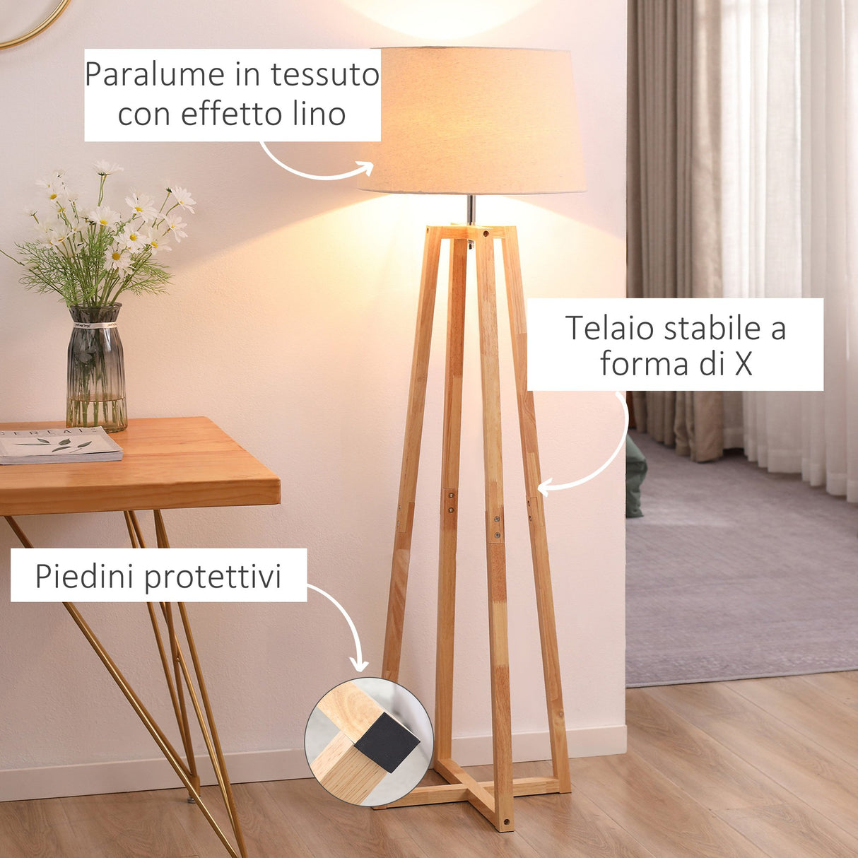 easycomfort easycomfort lampada da terra con base in legno e paralume in tessuto e27 40w 44x149cm biancolegno