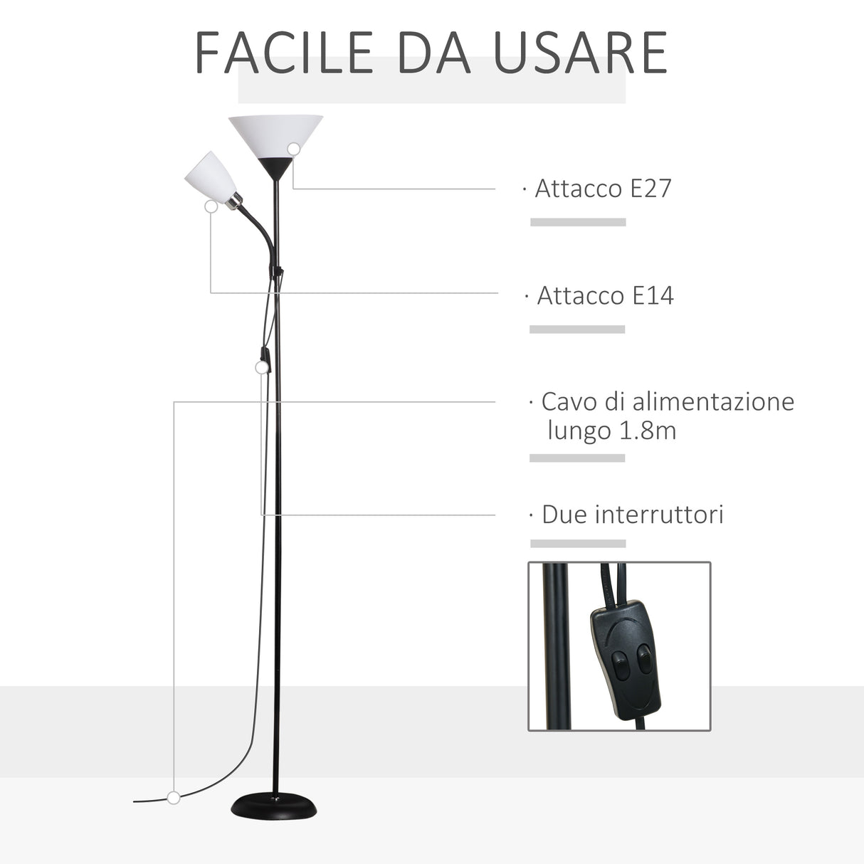 easycomfort easycomfort lampada da terra moderna con luce da lettura regolabile in metallo 42x24x178cm nero