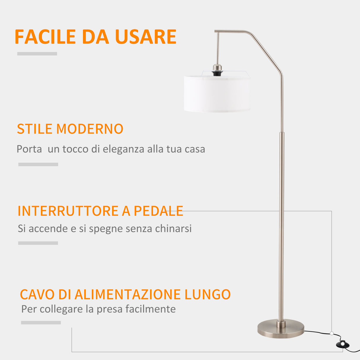 easycomfort easycomfort lampada da terra moderna in acciaio con paralume in tessuto bianco 61x33x160cm