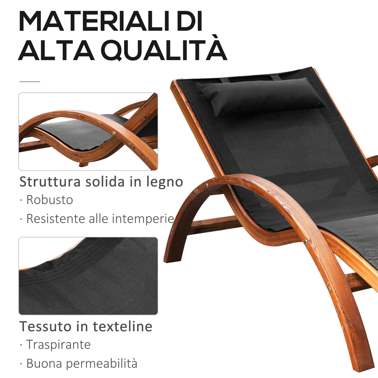 easycomfort easycomfort lettino prendisole chaise longue con poggiatesta in legno e tessuto a rete 165x72x86cm nerolegno