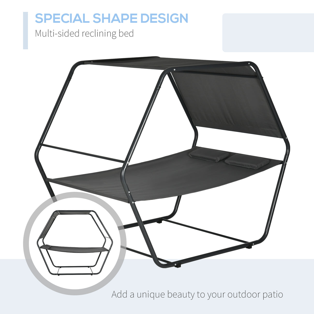 easycomfort easycomfort lettino prendisole reclinabile a 2 posti in acciaio con cuscino e tetto parasole 210x140x177 cm grigio