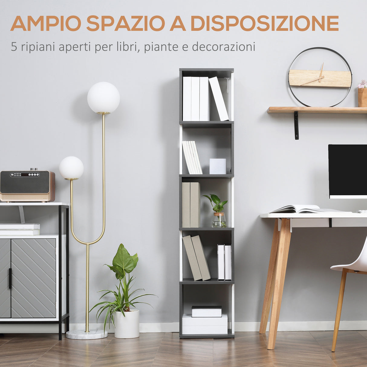 easycomfort easycomfort libreria moderna salvaspazio a 5 ripiani in legno 33x28x161cm grigio e bianco