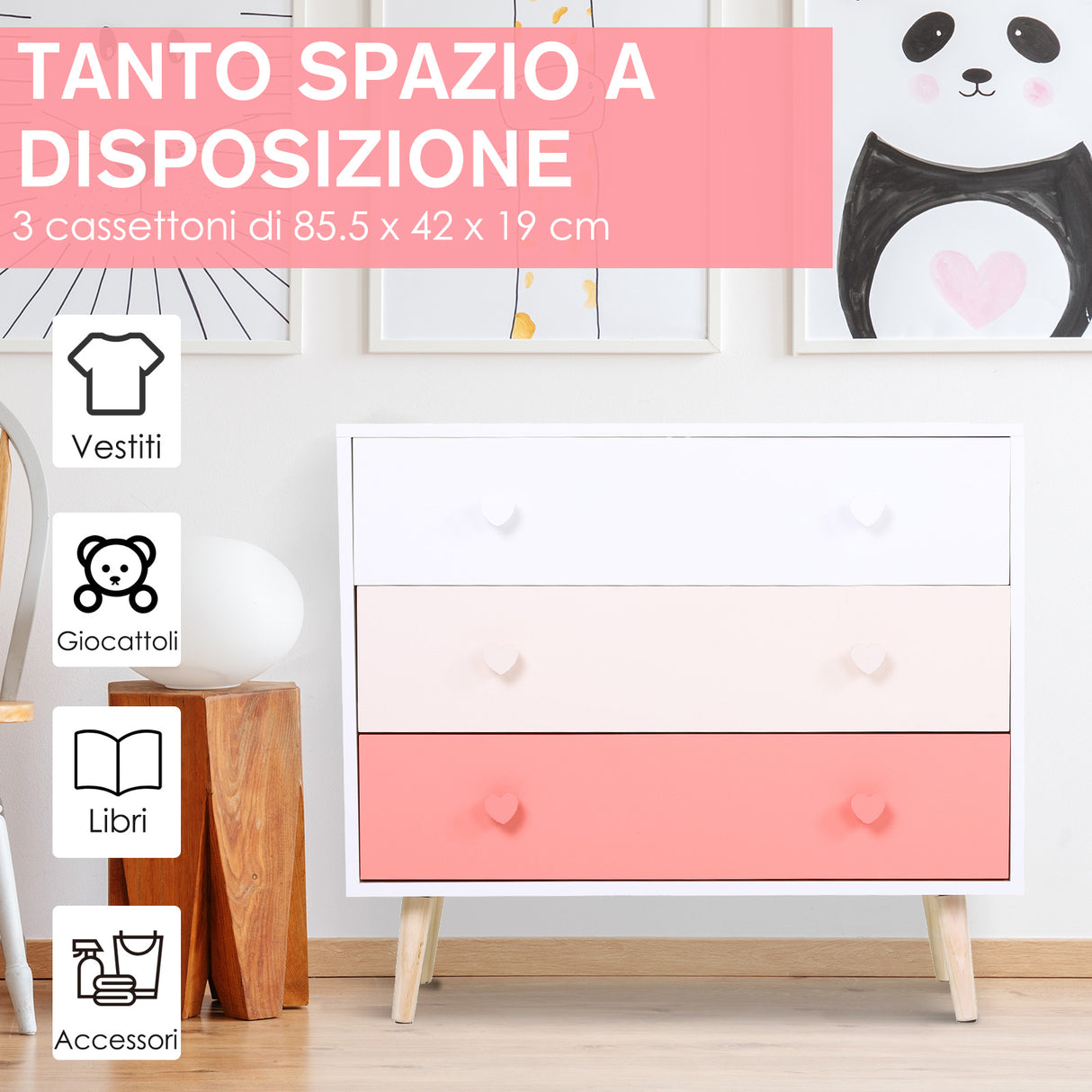 easycomfort easycomfort mobile cassettiera con gambe in legno di pino 3 cassetti bianco e rosa 90 x 42 x 80cm