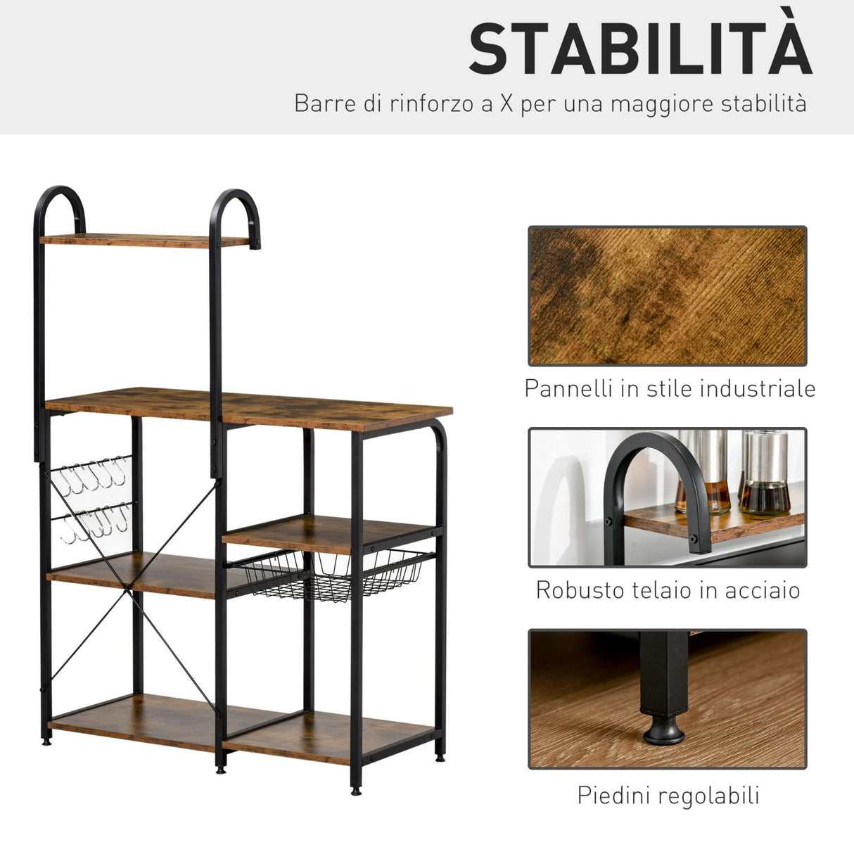 easycomfort easycomfort mobile cucina con cestino estraibile 6 ripiani 4 ganci in metallo e legno marrone rustico