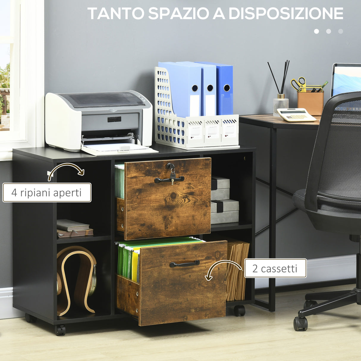 easycomfort easycomfort mobile da ufficio 2 cassetti porta documenti e ripiani ruote con blocco 80x40x66cm marrone rustico