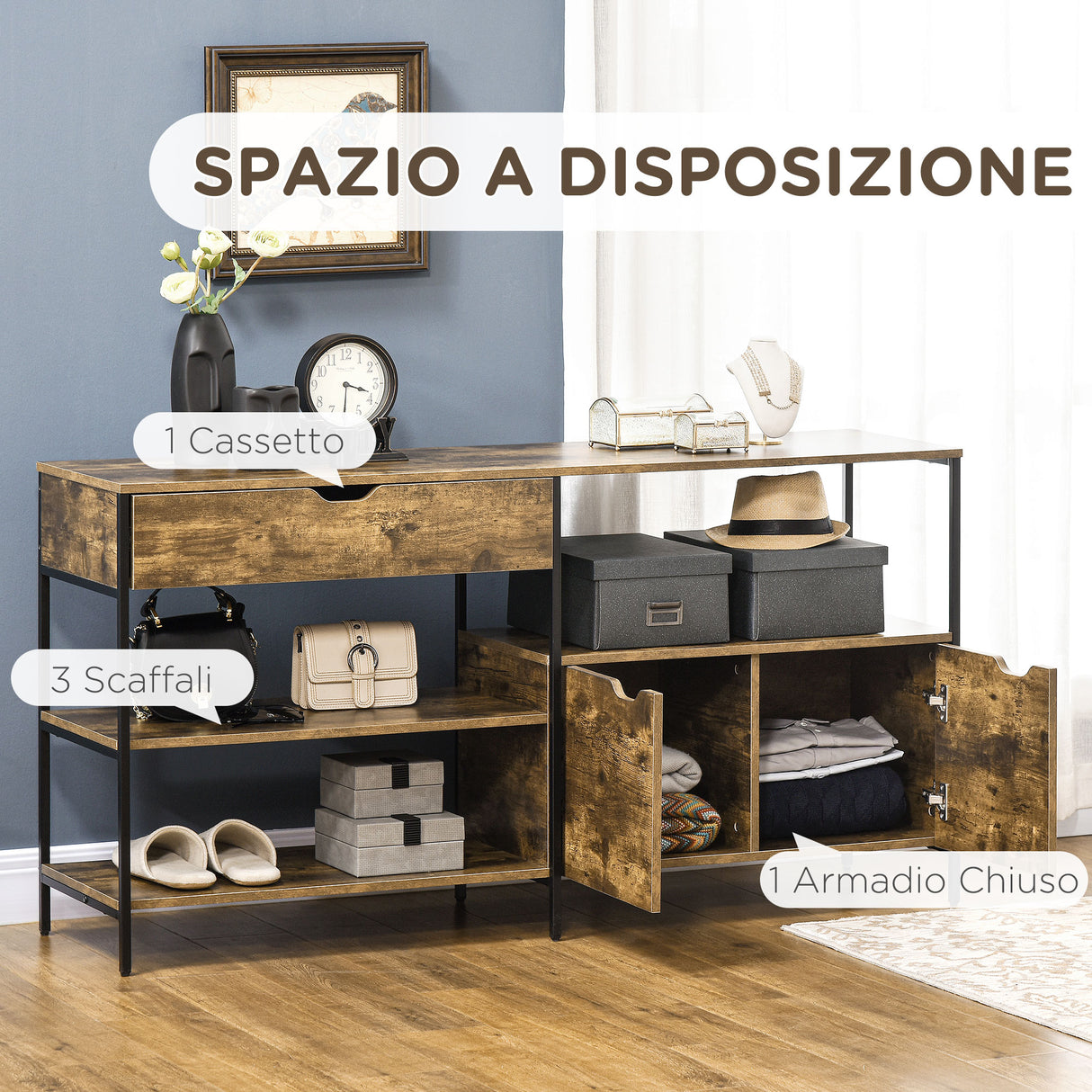 easycomfort easycomfort mobile in stile industriale con cassetto e armadietto in legno e acciaio 147x40x77cm marrone