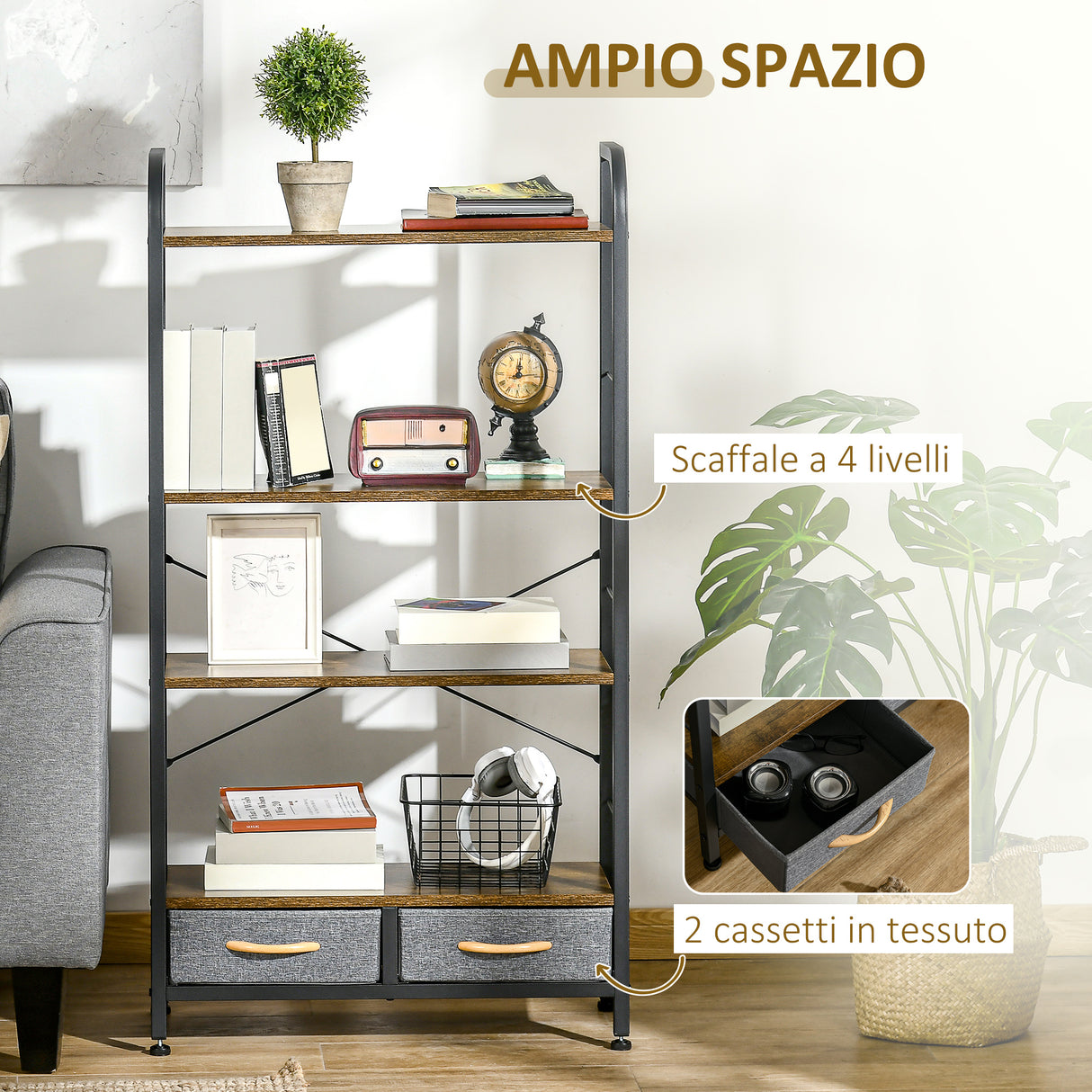 easycomfort easycomfort mobile libreria con 4 scaffali e 2 cassetti in truciolato acciaio e tessuto effetto lino 64x27 5x121 cm