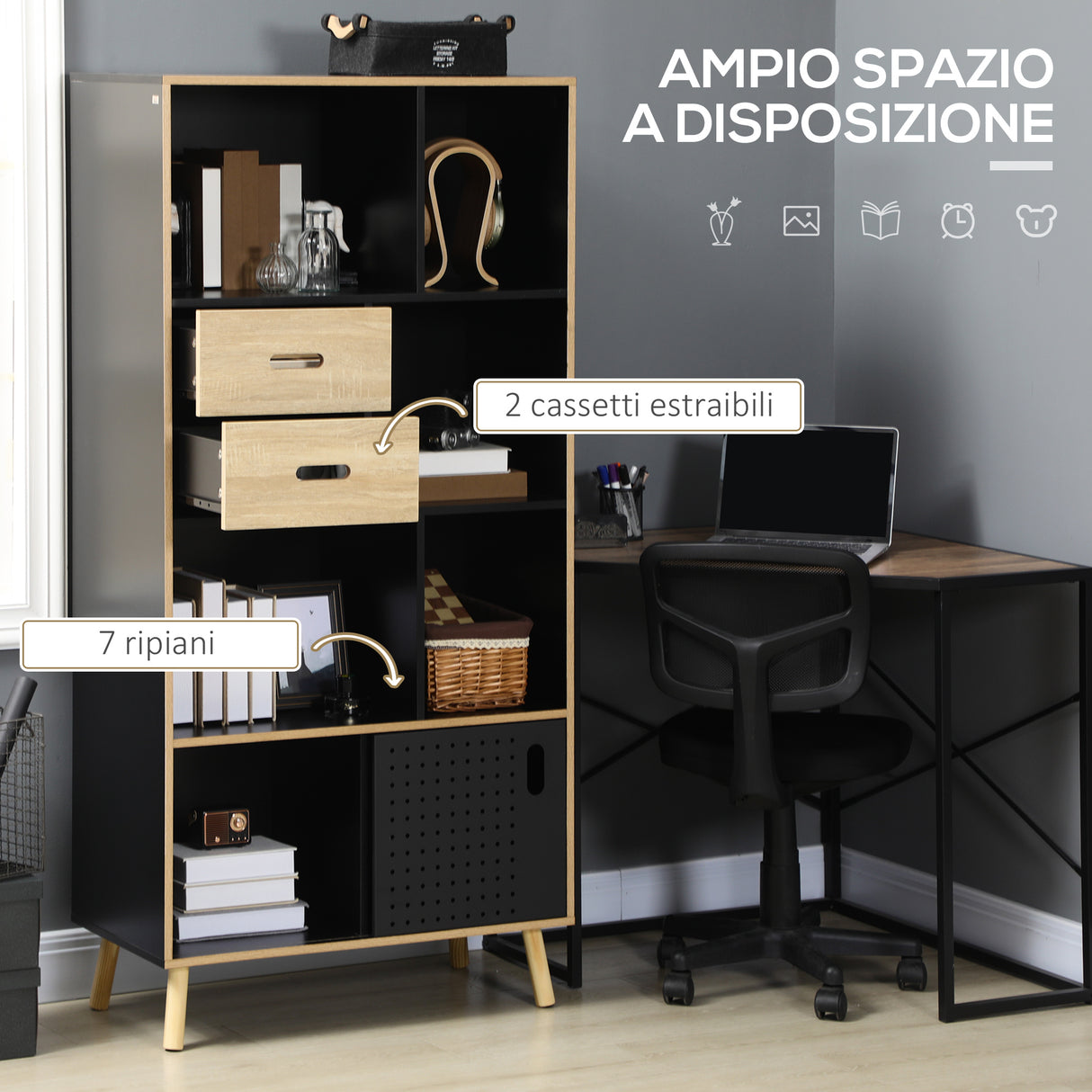 easycomfort easycomfort mobile libreria moderna in mdf e truciolato con 2 cassetti e 7 ripiani aperti 80x40x165 cm