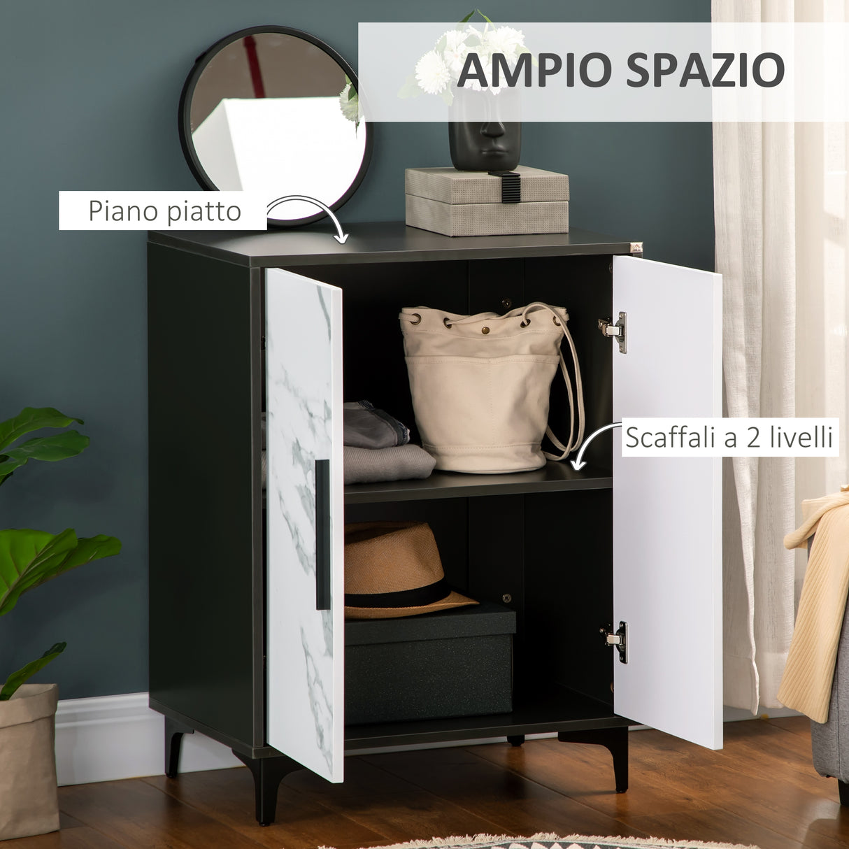 easycomfort easycomfort mobile multiuso con ante effetto marmo e mensola regolabile in mdf e acciaio 60x41 5x80cm