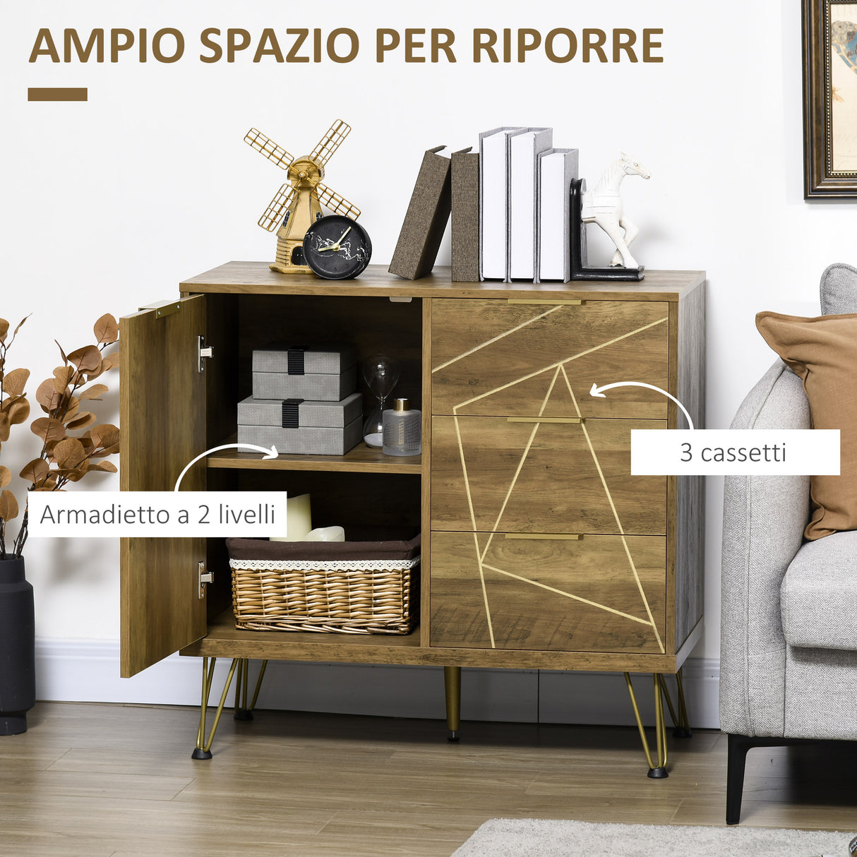 easycomfort easycomfort mobile multiuso con armadietto e 3 cassetti in legno e acciaio 84x39x80 7cm bronzo