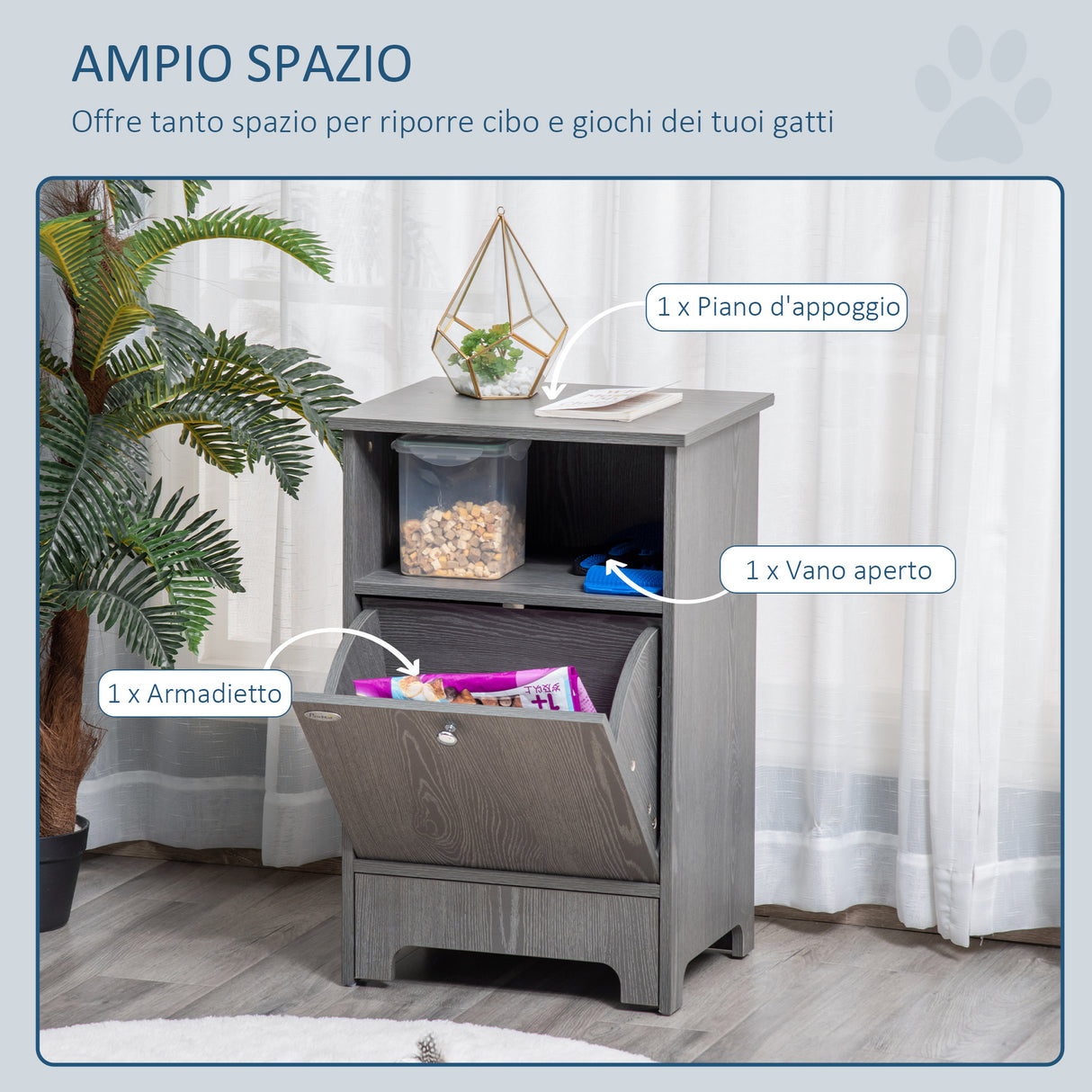 easycomfort easycomfort mobile multiuso con ciotole per cani e gatti in acciaio mobiletto in legno con anta e vano aperto grigio