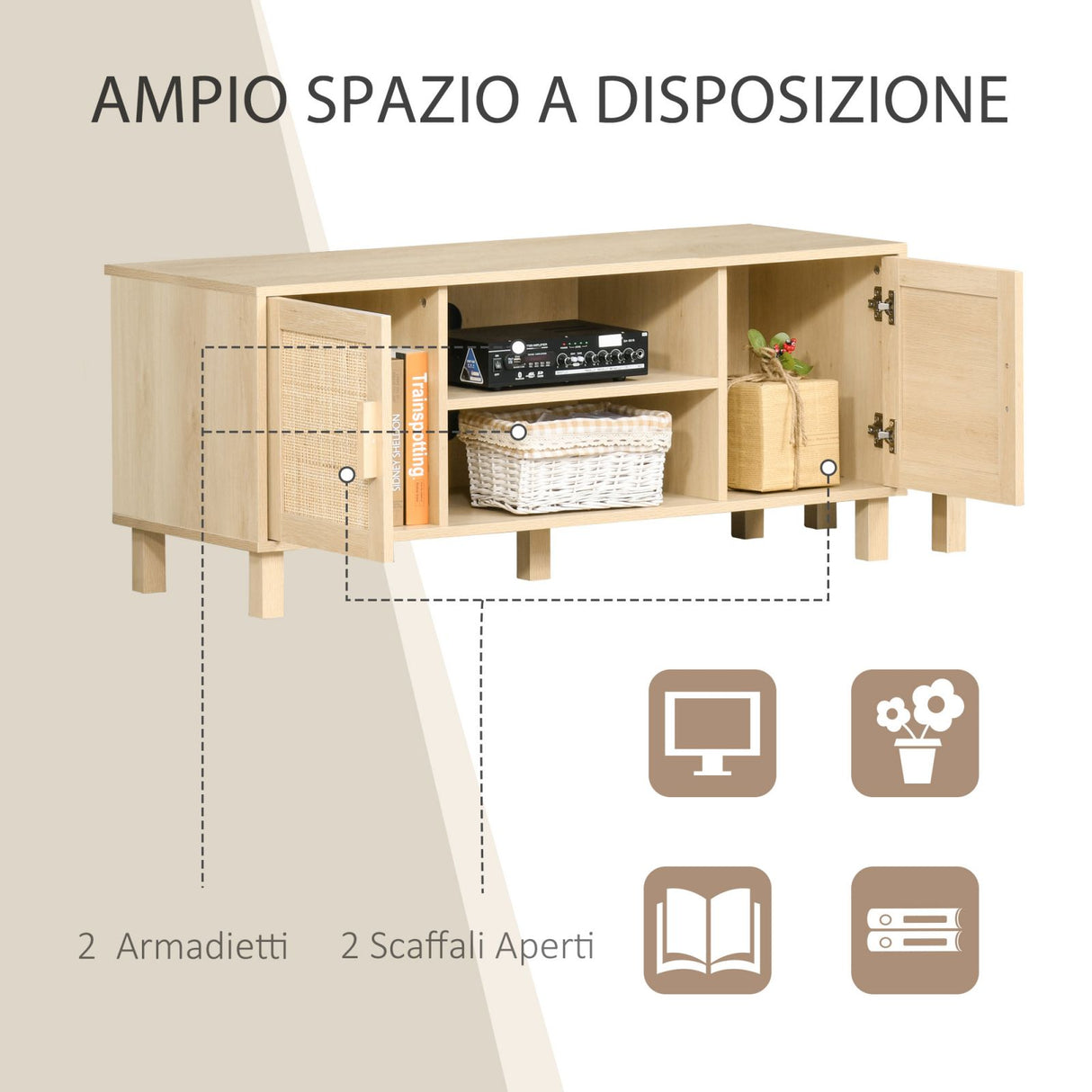 easycomfort easycomfort mobile porta tv con vani aperti e ante in rattan color legno 115x40x48cm