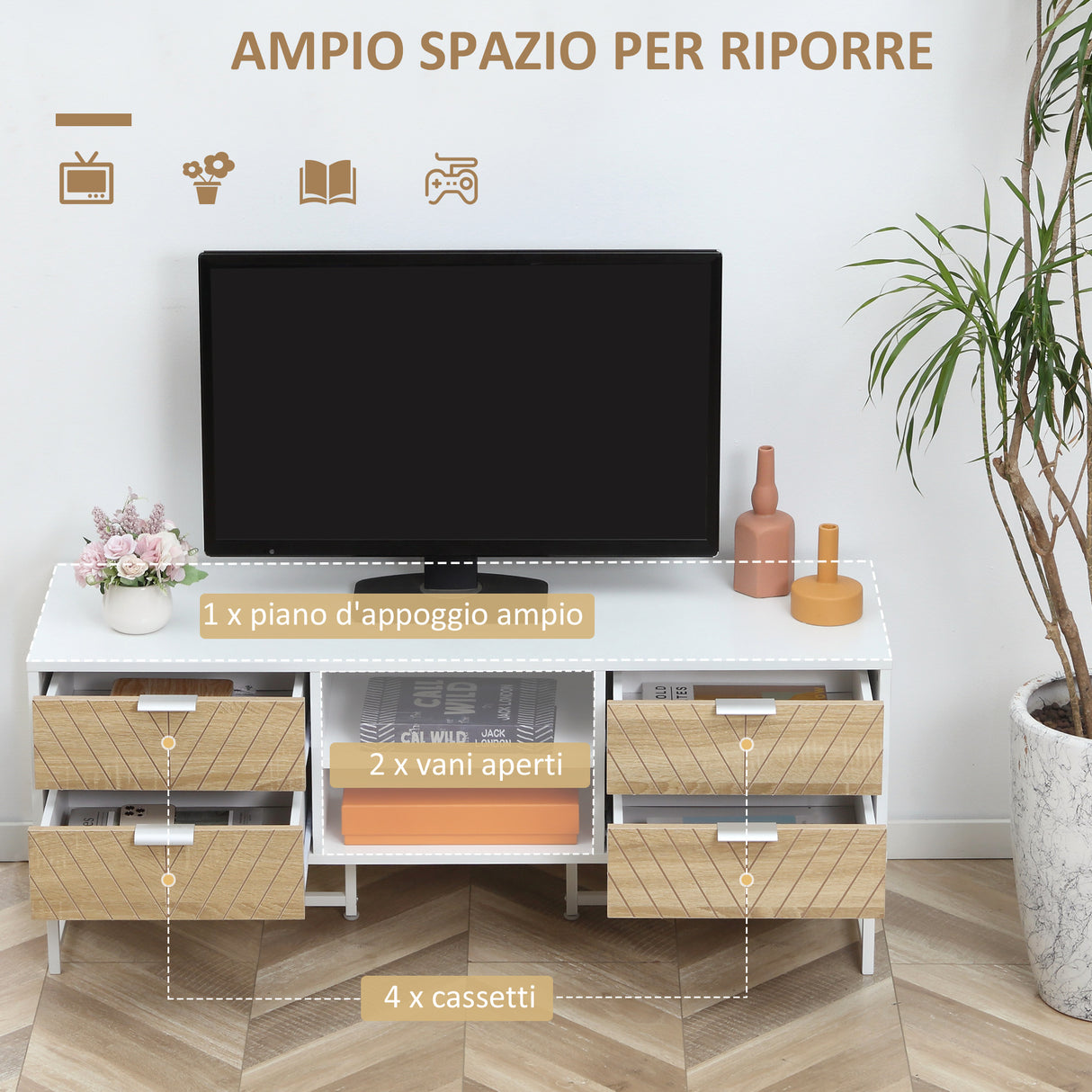 easycomfort easycomfort mobile porta tv in legno per televisioni 32 47 120x39x48cm bianco e rovere