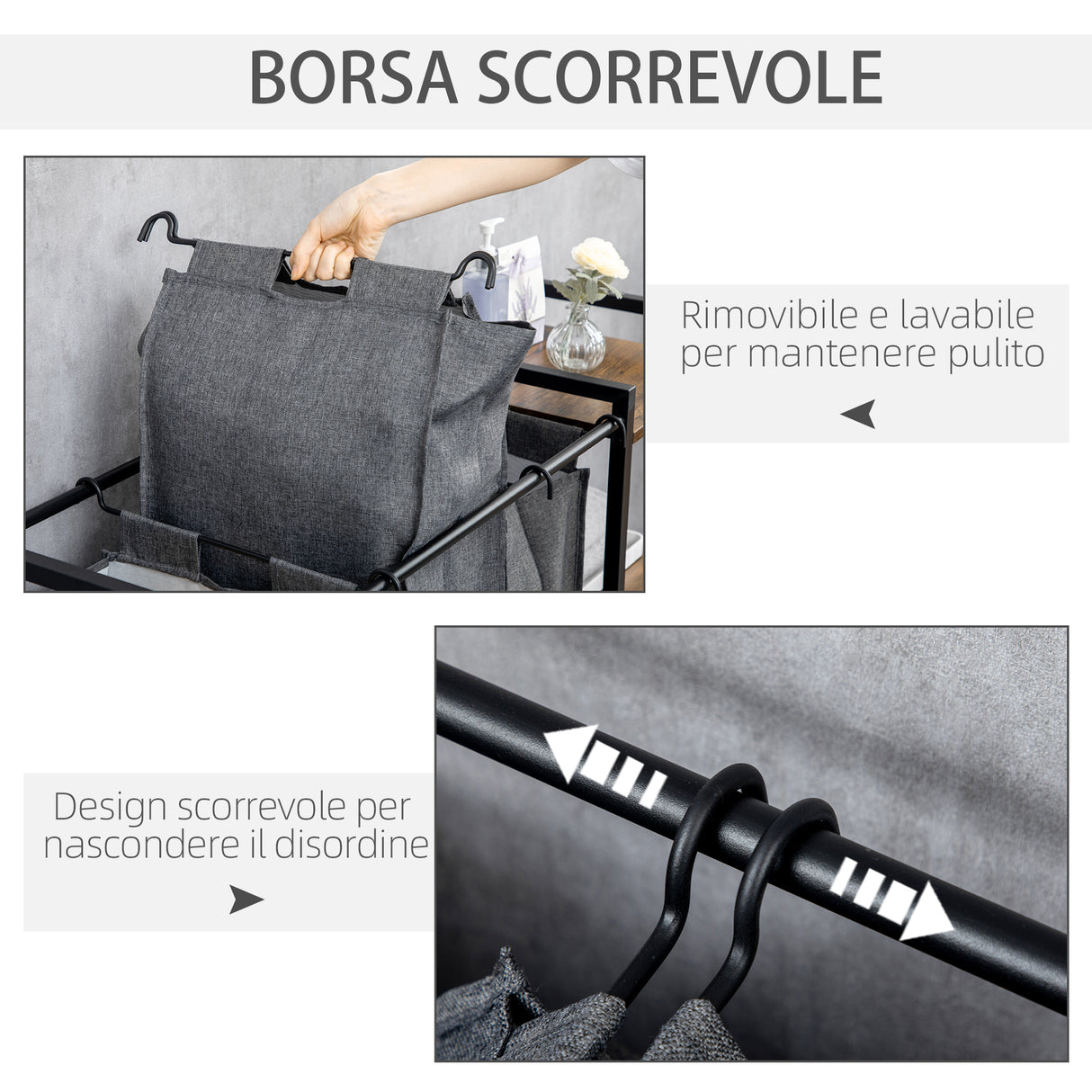 easycomfort easycomfort mobile portabiancheria in stile industriale con 3 sacchi in tessuto e 3 ripiani 106x40x75cm