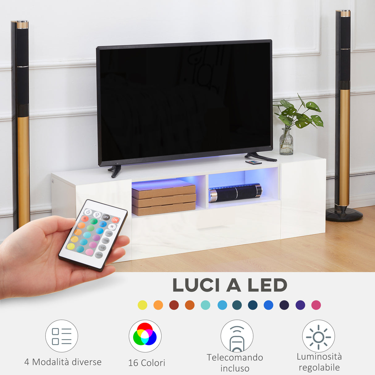 easycomfort easycomfort mobile tv 60 max in truciolato con 3 ripiani 2 armadietti e luci led 137x35x42 cm bianco lucido
