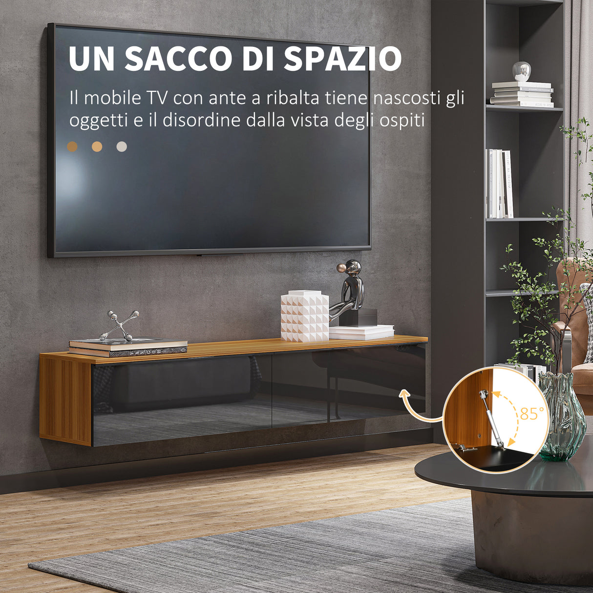 easycomfort easycomfort mobile tv con design lucido a parete e credenze chiuse in truciolato 160x35x30 cm marrone e nero