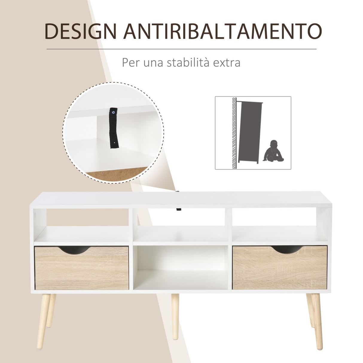 easycomfort easycomfort mobile tv fino a 42 con gambe in legno 117x39x57cm bianco