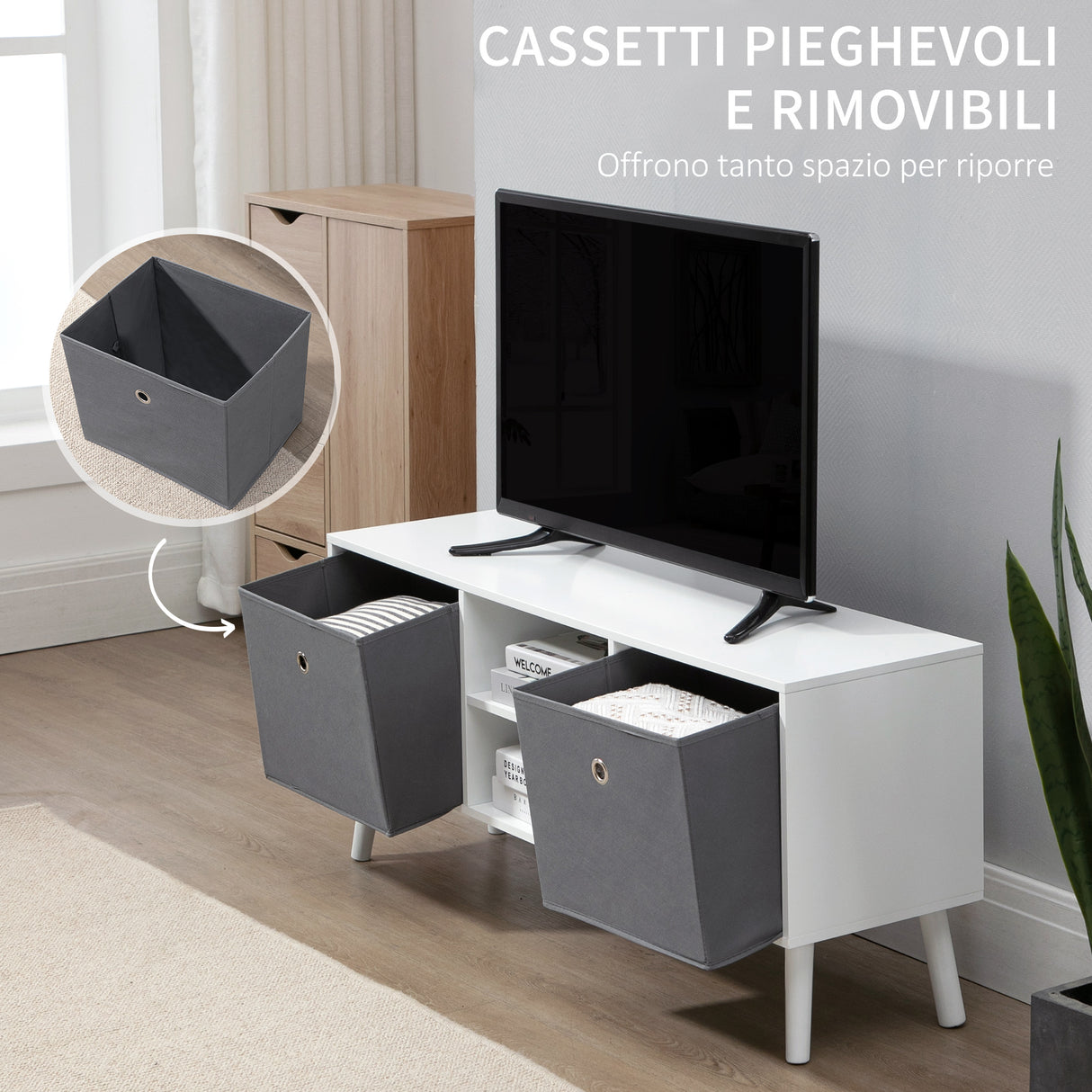 easycomfort easycomfort mobile tv fino a 50 con 2 cassetti removibili e 2 ripiani aperti 110x29x46 5cm bianco e grigio