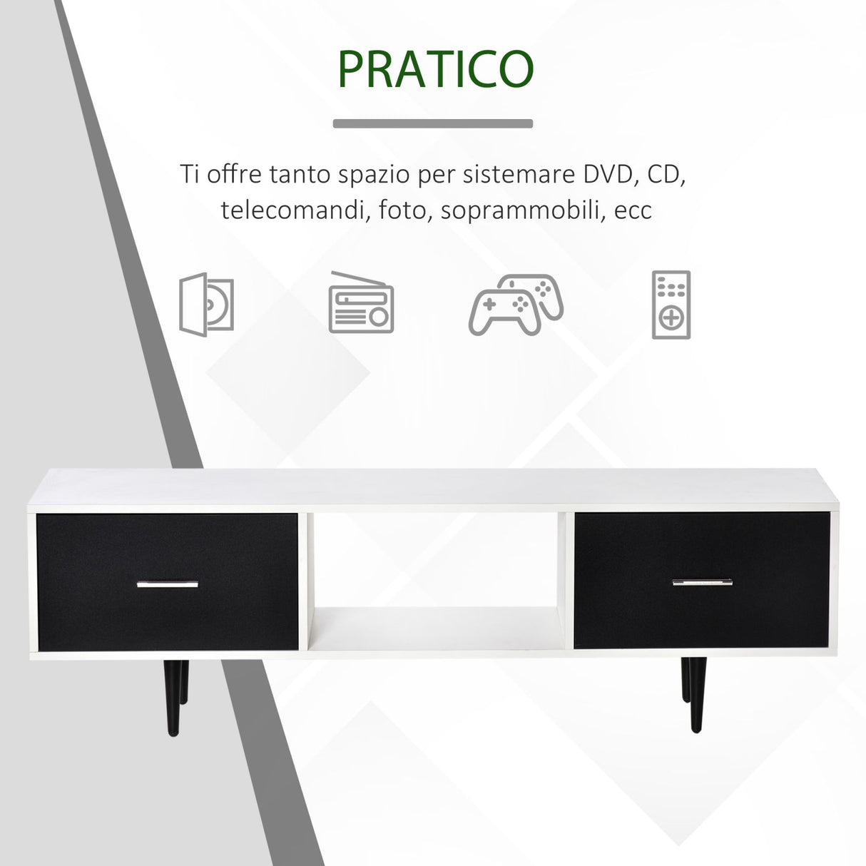 easycomfort easycomfort mobile tv fino a 60 con cassetti e vano aperto bianco e nero 140x30x42cm
