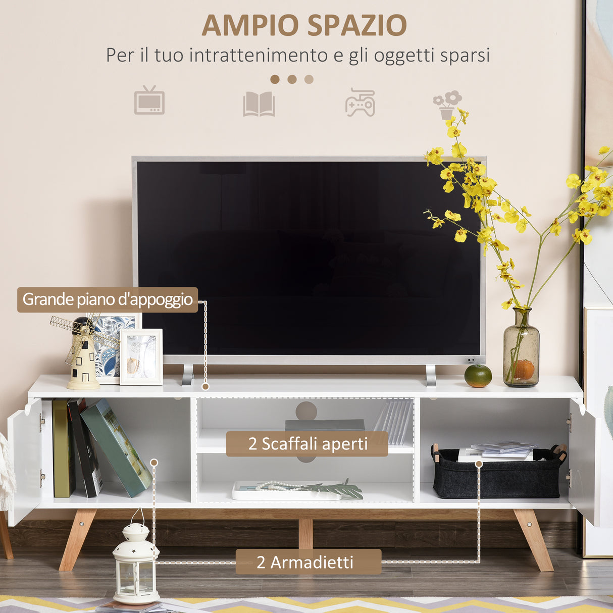 easycomfort easycomfort mobile tv max 65 in truciolato e mdf bianco con 2 credenze laterali 2 ripiani centrali 150x39x50 cm