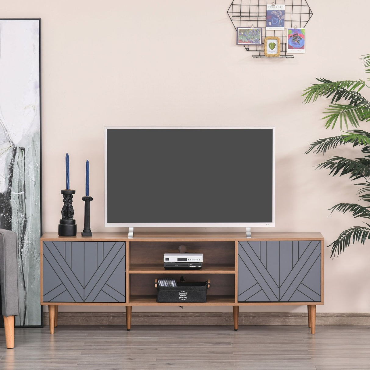easycomfort easycomfort mobile tv per salotto con 2 armadietti con anta e mensole per tv fino 60 160x39 5x55cm teak e grigio ean 8054144137407