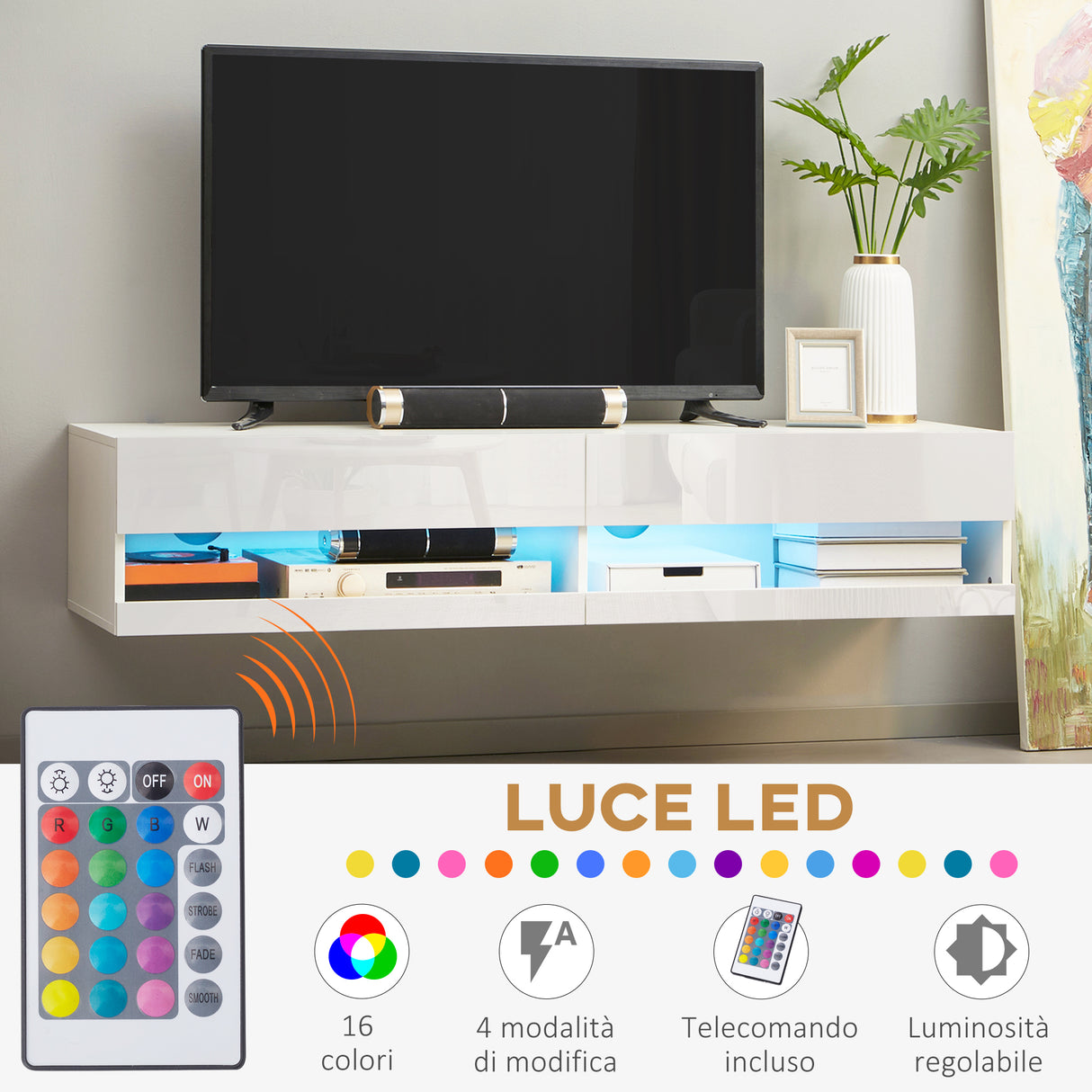 easycomfort easycomfort mobile tv sospeso 65 max in truciolato con 2 armadietti a ribalta e luci led 150x40x30 cm