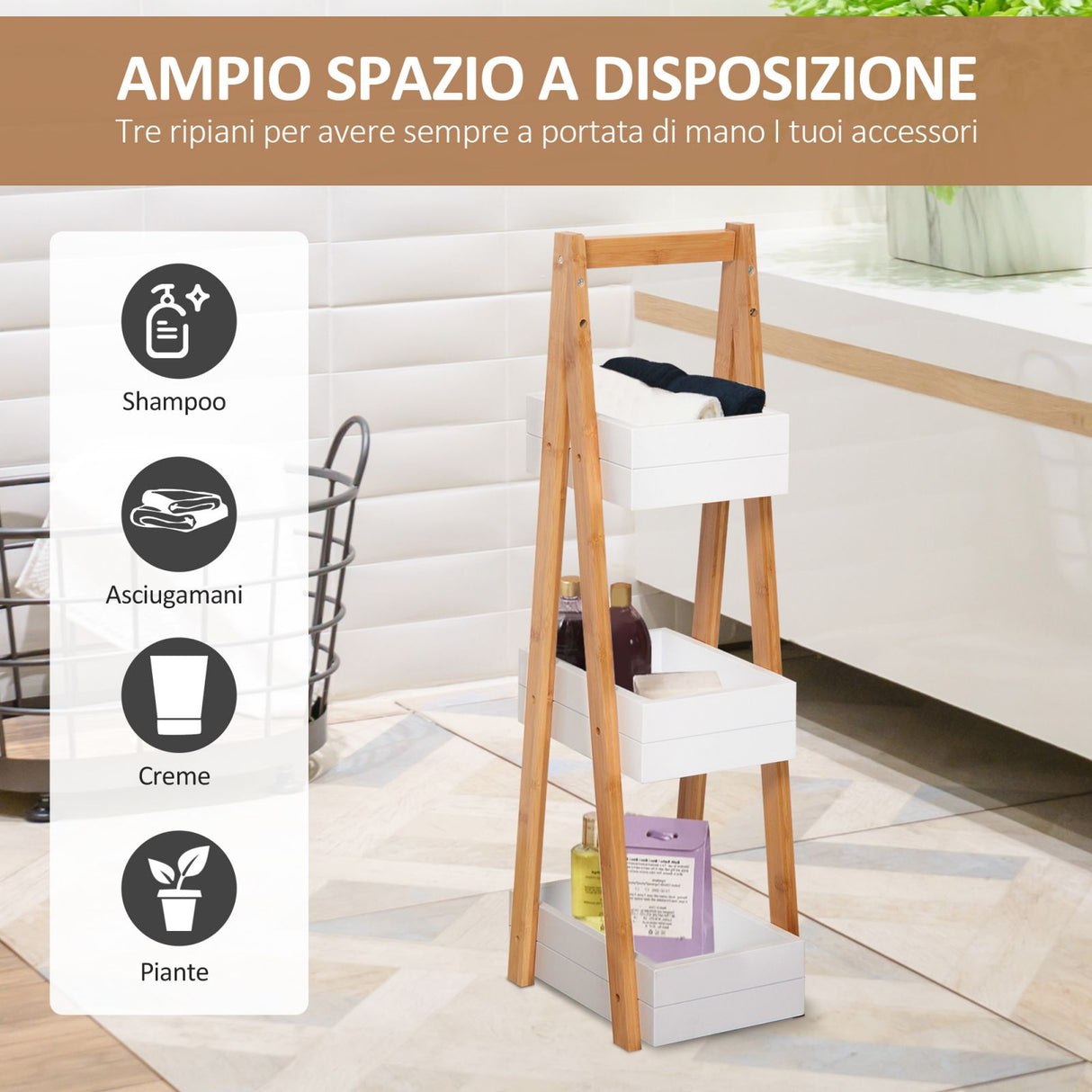 easycomfort easycomfort mobiletto bagno salvaspazio 3 ripiani in legno mdf bianco e bambu 21x30x81cm