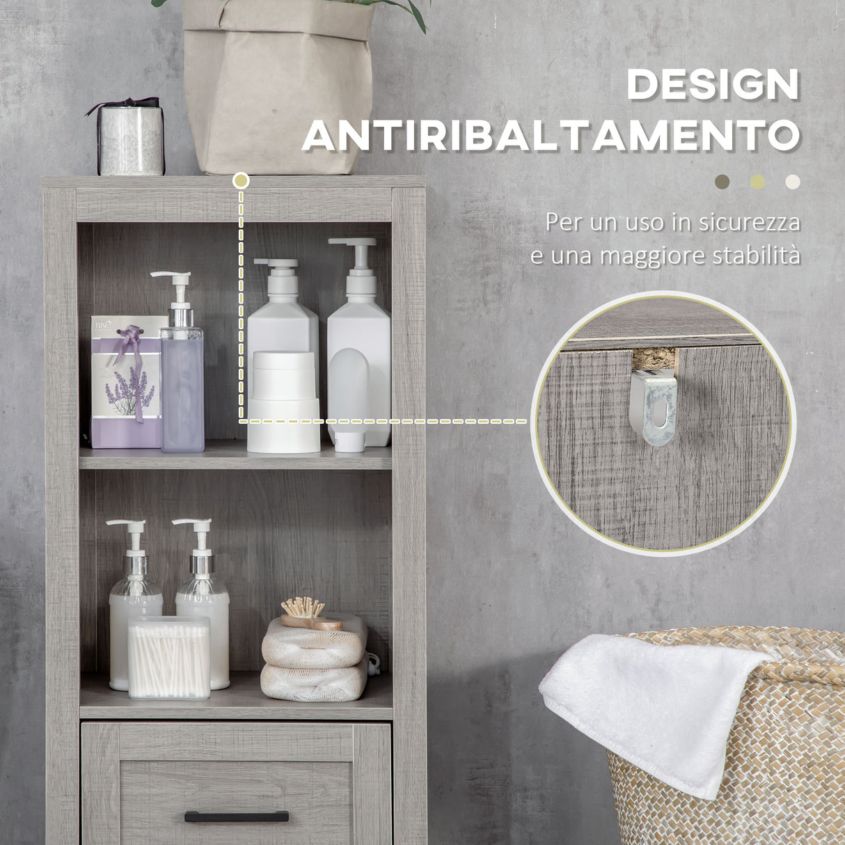 easycomfort easycomfort mobiletto bagno salvaspazio con ripiani e cassetto in legno 40x30x89cm grigio