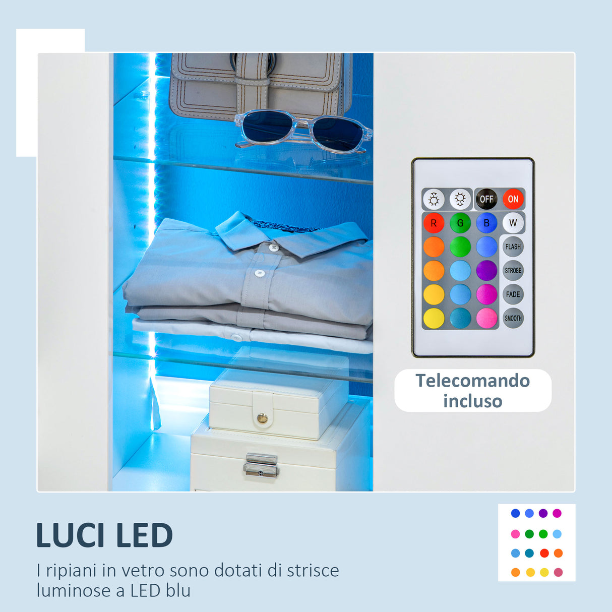 easycomfort easycomfort mobiletto da salotto bianco in truciolato e metallo con luci led blu 3 ripiani aperti e armadietto 75x35x82 cm