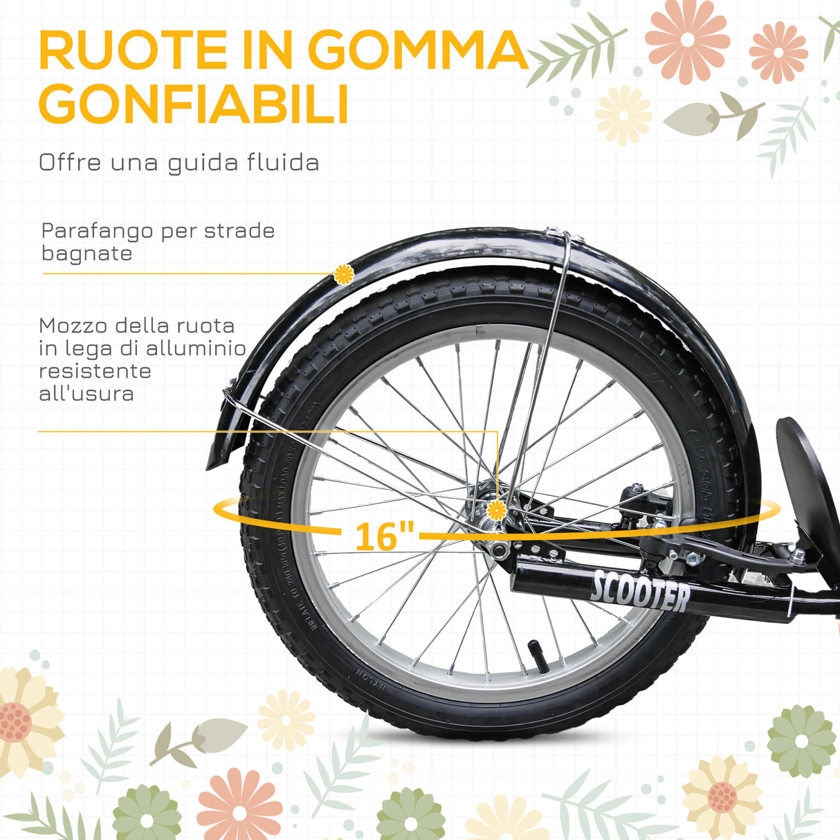 easycomfort easycomfort monopattino per bambini con ruote grandi 2 freni e manubrio regolabile cestino e porta borraccia giallo