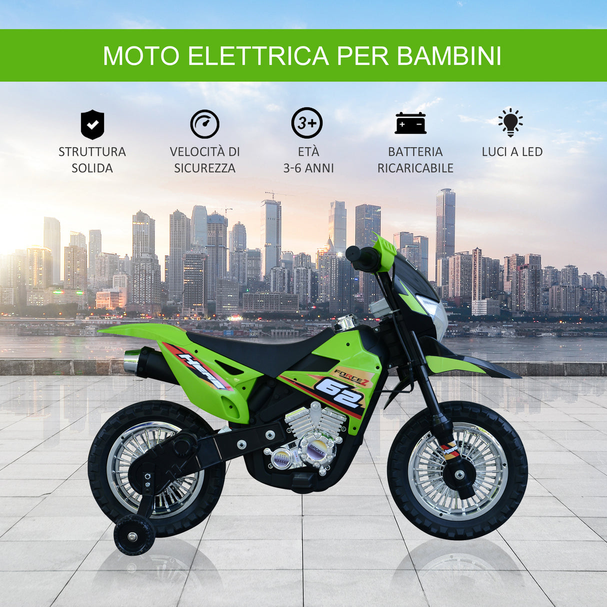 easycomfort easycomfort moto da cross elettrica con 2 rotelline ausiliarie per bambini 3 6 anni moto giocattolo 10952 270 5cm verde