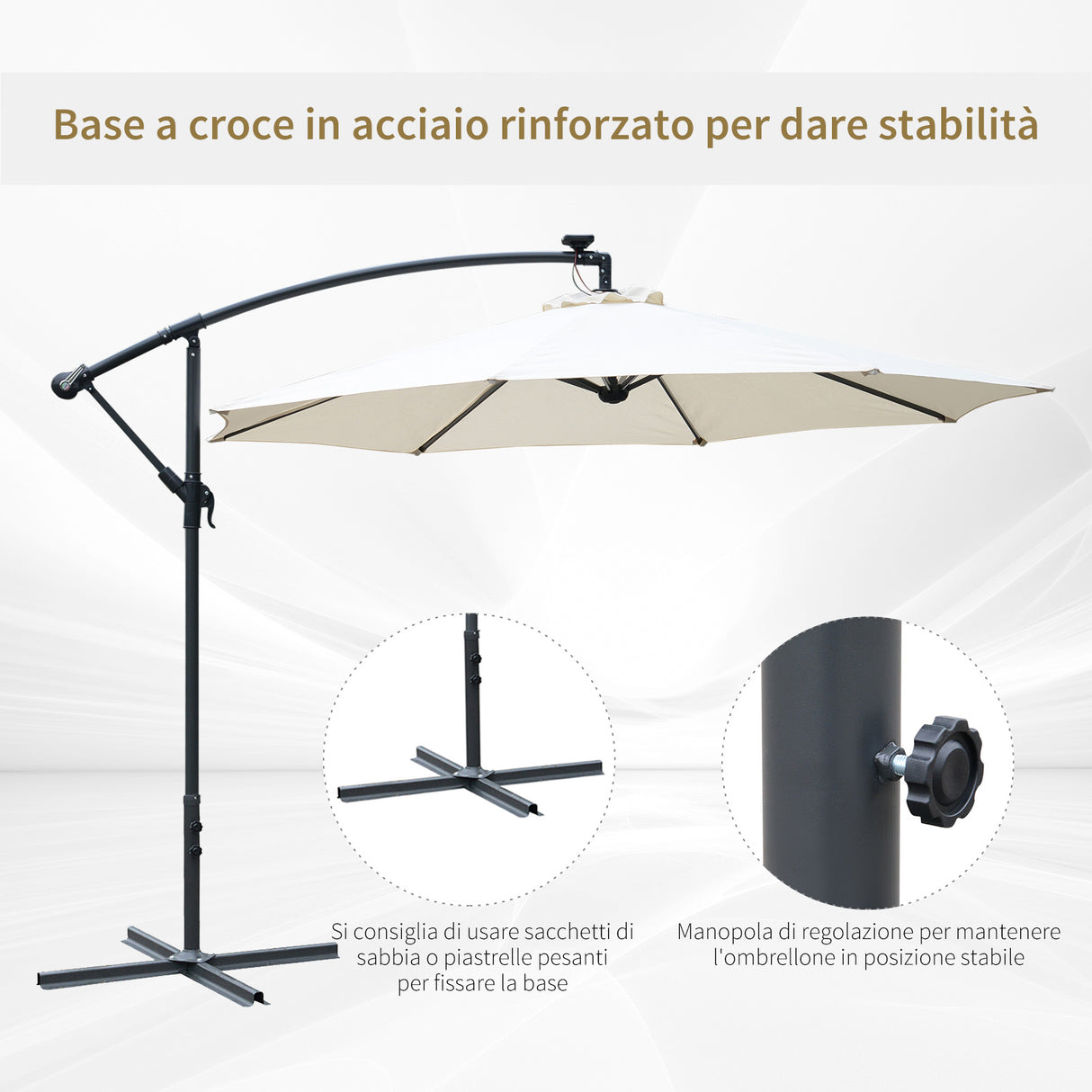 easycomfort easycomfort ombrellone da giardino a braccio 3x2 5 m con manovella e 8 strisce led a energia solare crema