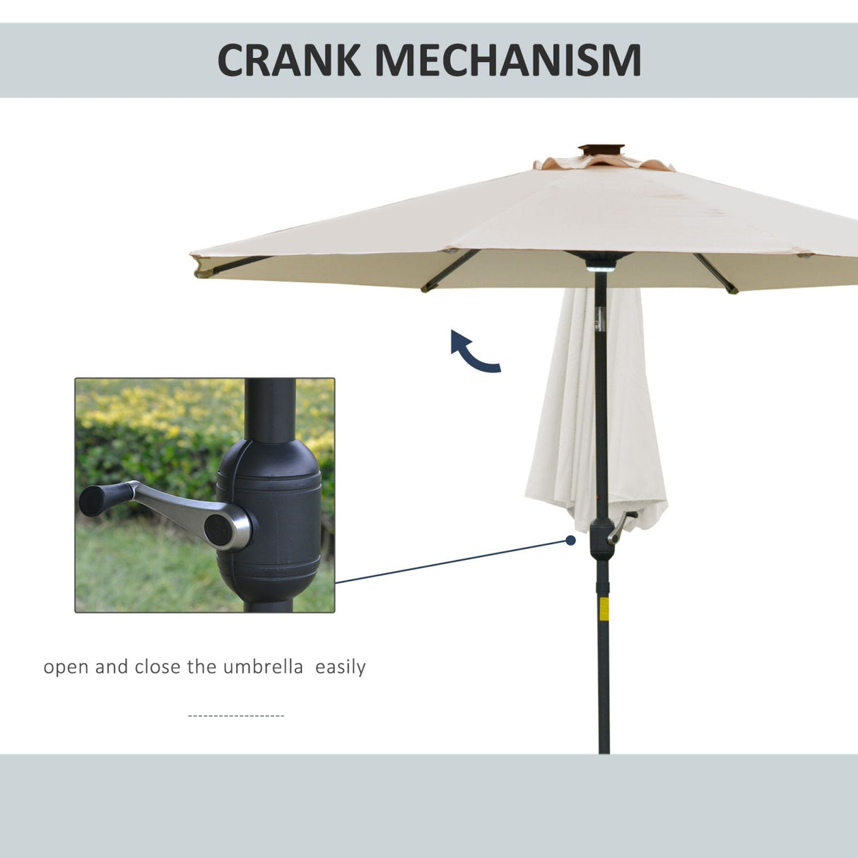 easycomfort easycomfort ombrellone inclinabile con apertura a manovella luci led e pannello solare crema bianco 266x245cm