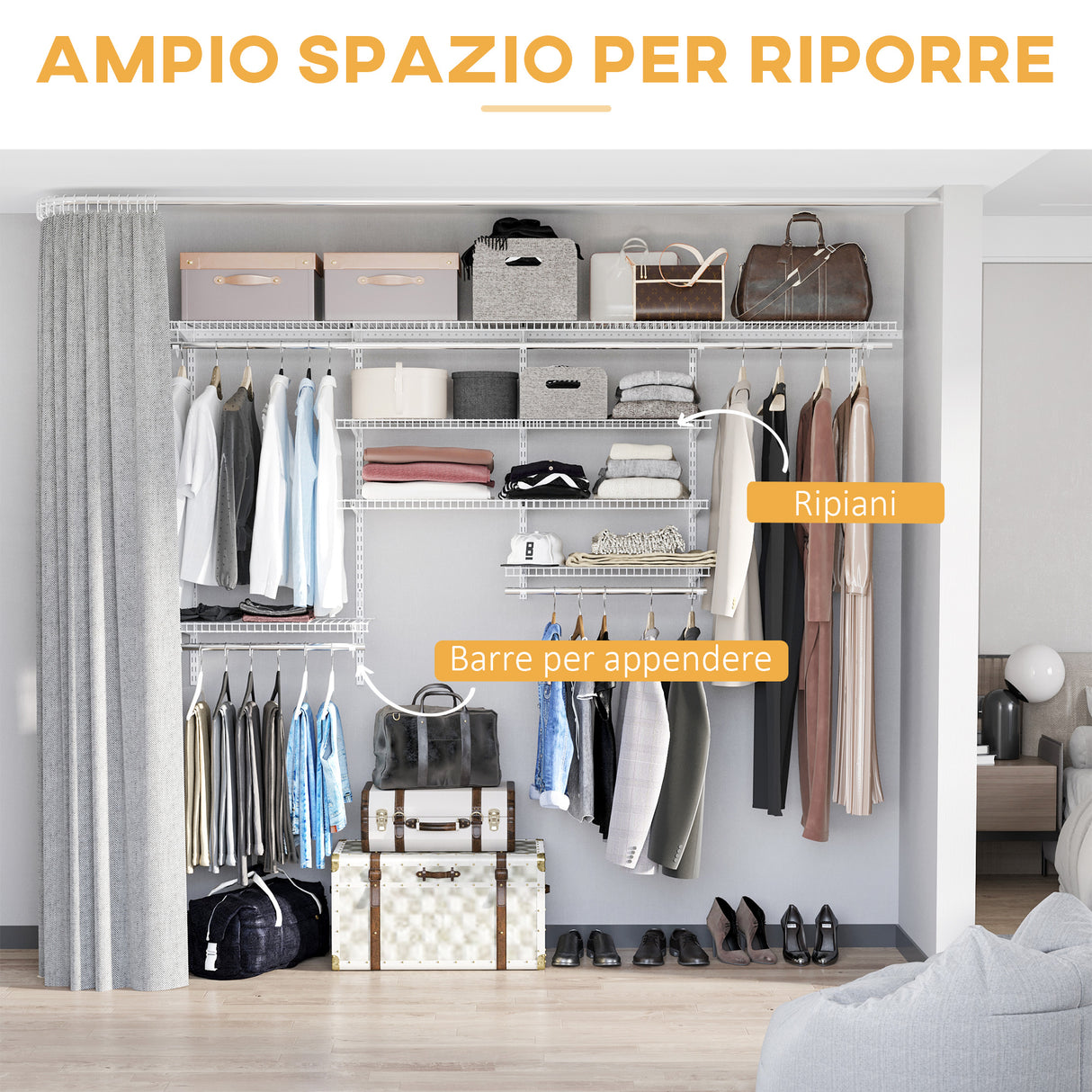 easycomfort easycomfort organizer in acciaio montato a muro con 9 ripiani regolabili e 5 aste per appendere 249 4x38 8x162 cm bianco