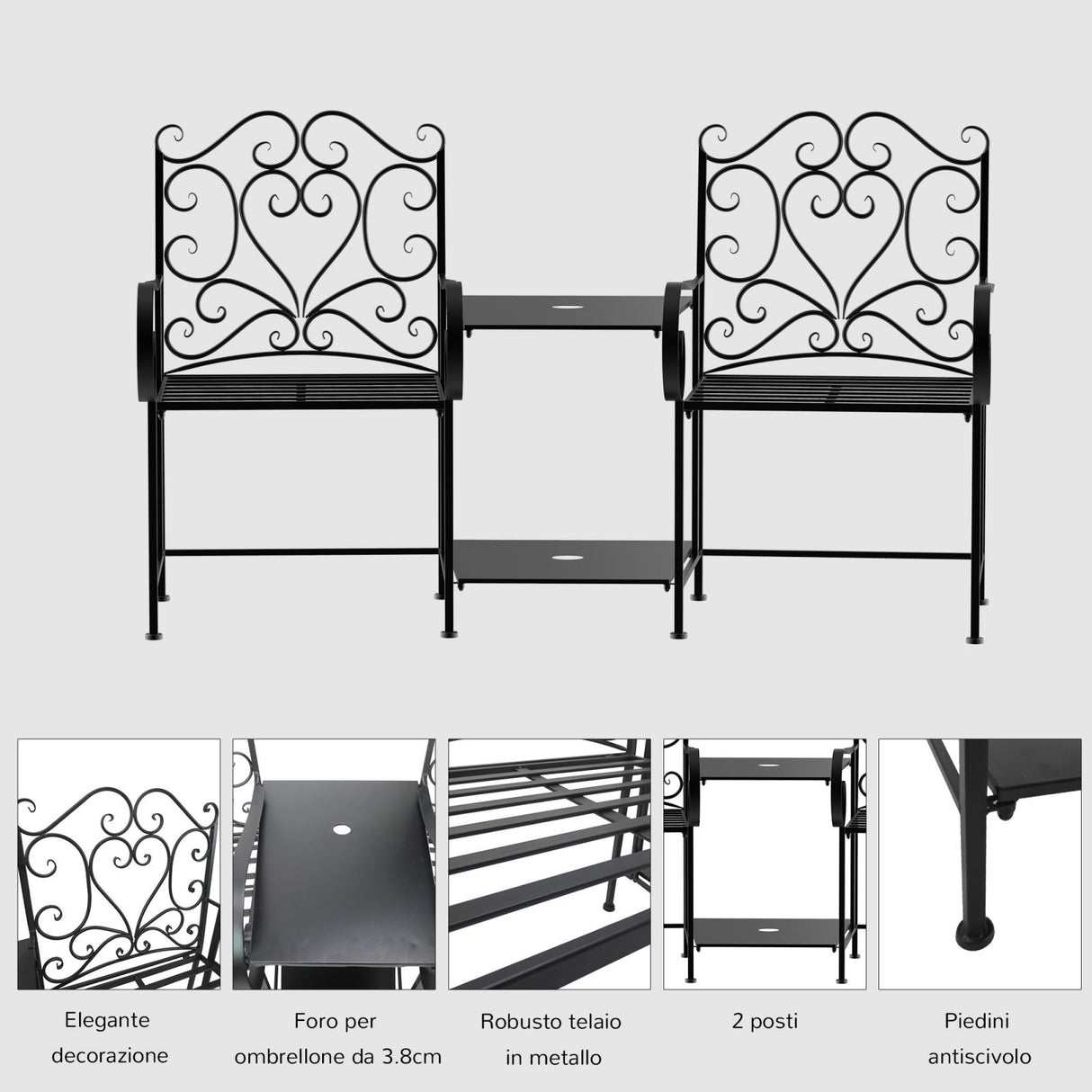 easycomfort easycomfort panchina da giardino 2 posti con tavolino e foro per ombrellone nero ean 8055776912837