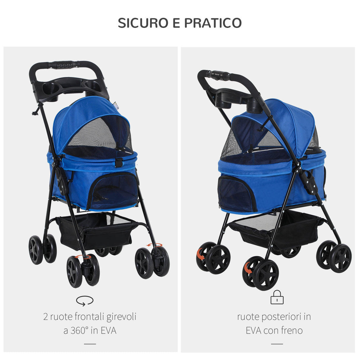easycomfort easycomfort passeggino per cani pieghevole con guinzaglio di sicurezza e cestino portaoggetti blu