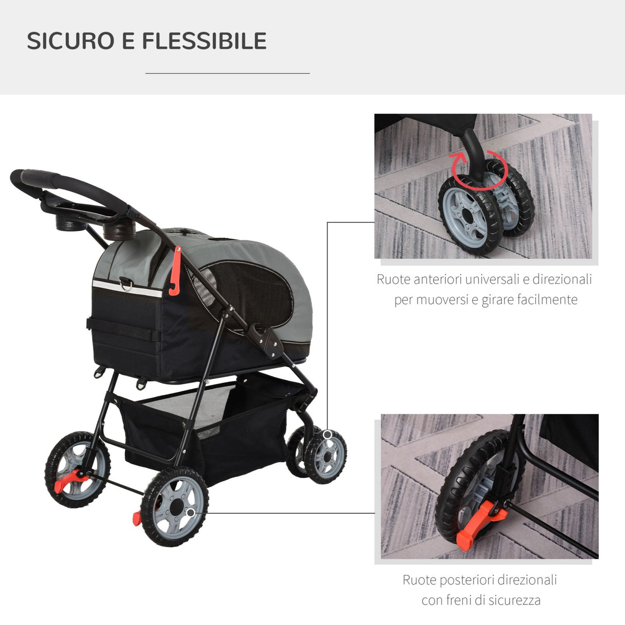 easycomfort easycomfort passeggino pieghevole per cani e gatti con trasportino staccabile nero e grigio