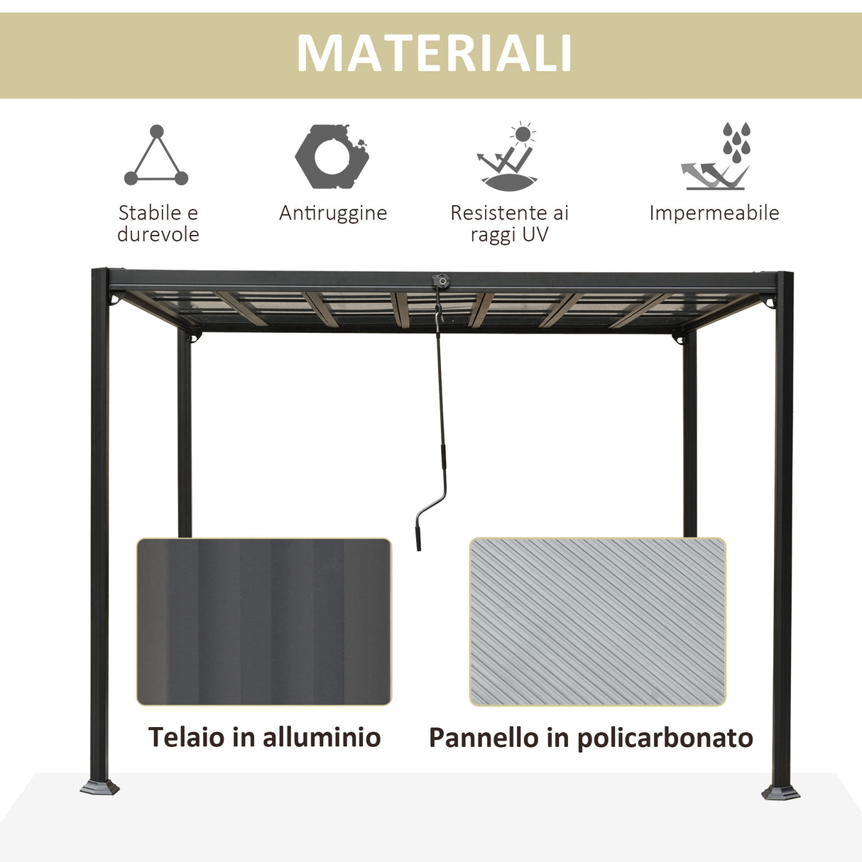 easycomfort easycomfort pergola in alluminio e policarbonato 3x3m con tetto apribile a manovella grigio