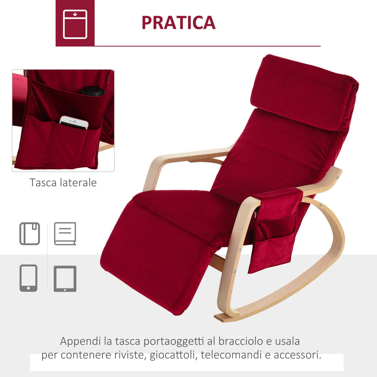 easycomfort easycomfort poltrona a dondolo rossa con poggia gambe regolabile e tasca portaoggetti ean 8055776914312