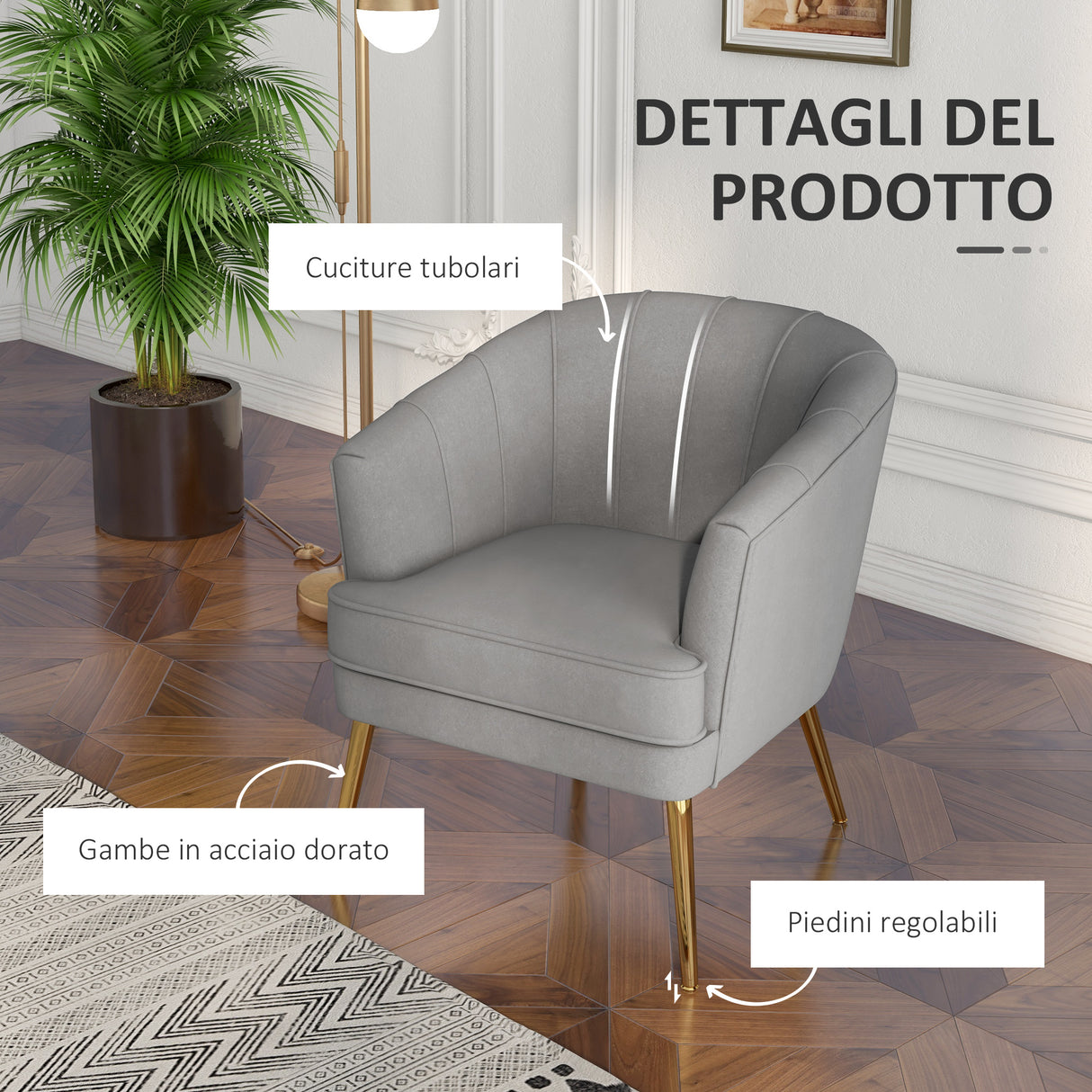 easycomfort easycomfort poltrona in velluto imbottita con gambe dorate in poliestere e acciaio 71x72x75cm grigio