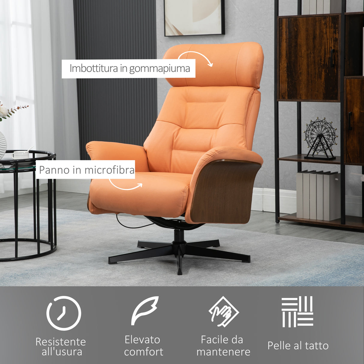easycomfort easycomfort poltrona reclinabile e girevole con poggiatesta regolabile in microfibra 80x84x104cm arancione
