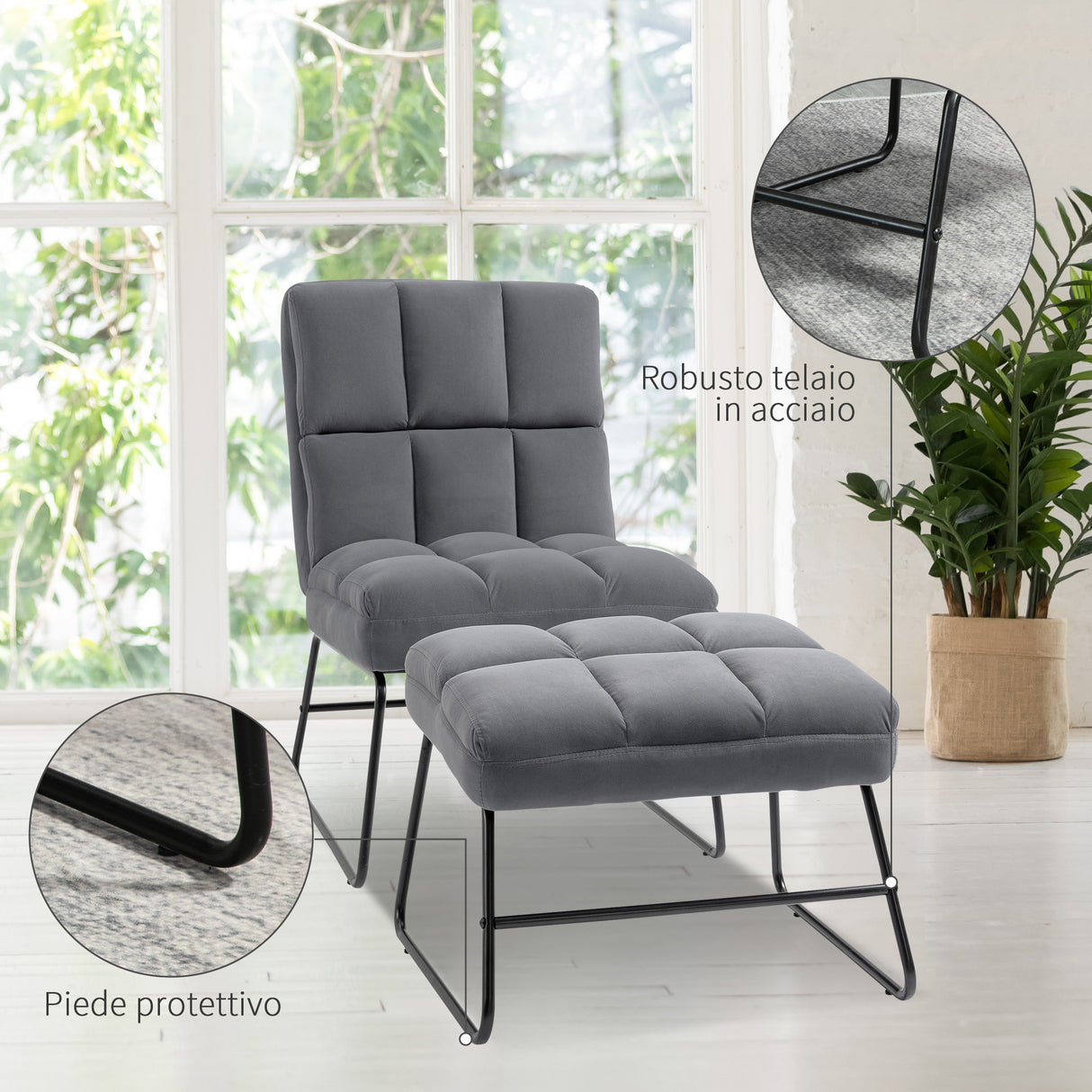 easycomfort easycomfort poltrona relax con poggiapiedi per interni set 2 pezzi in effetto velluto e metallo grigia