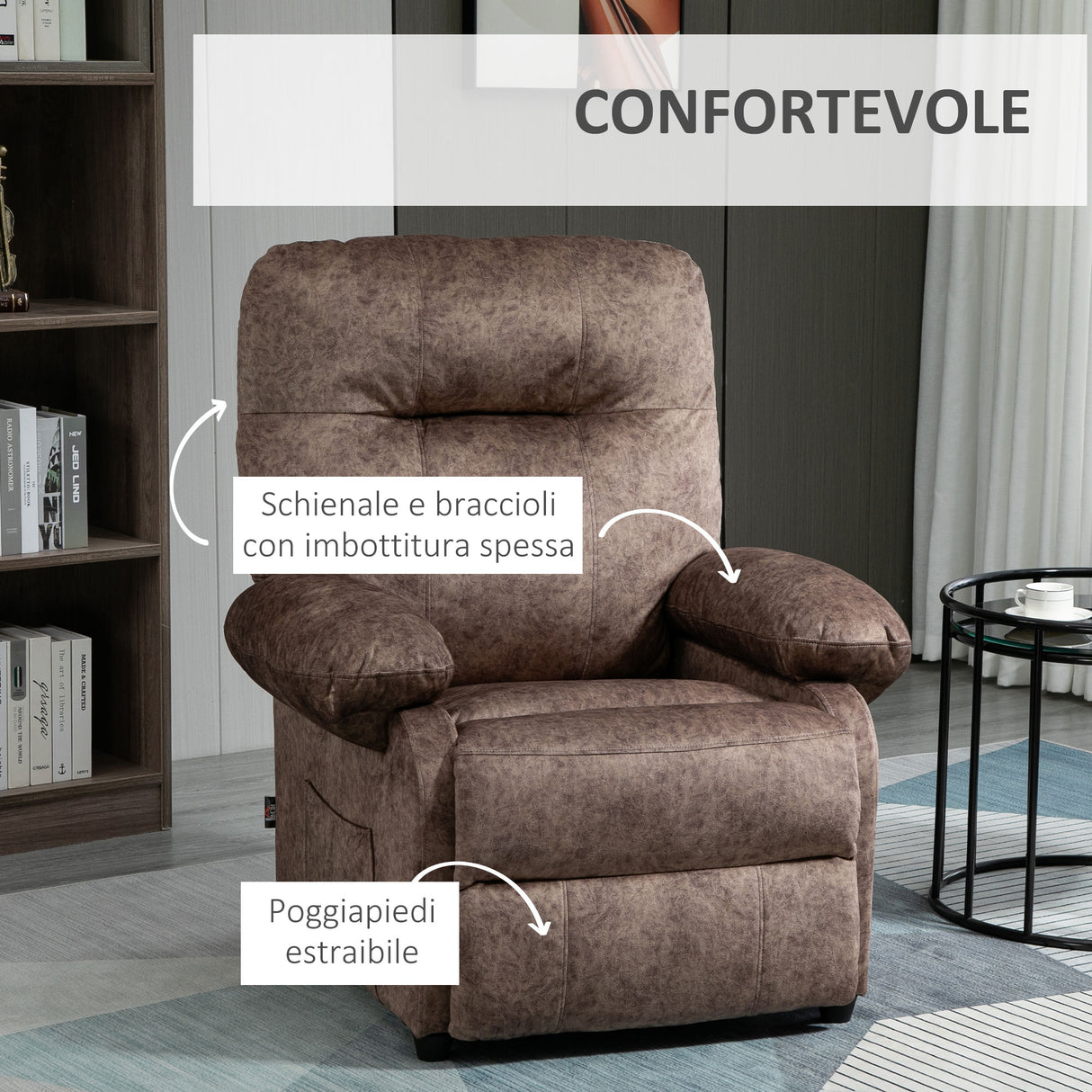 easycomfort easycomfort poltrona relax imbottita e reclinabile fino 135 con poggiapiedi estraibile e tasca marrone