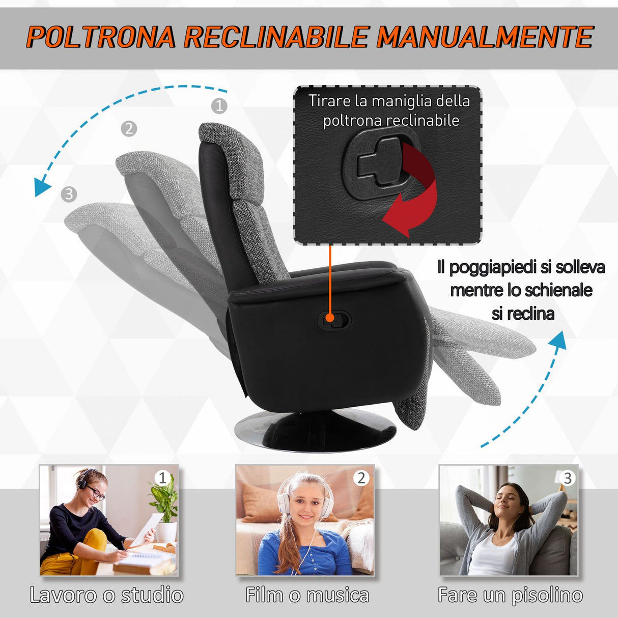 easycomfort easycomfort poltrona relax manuale con schienale reclinabile lino grigio e similpelle nera ean 8055776916682