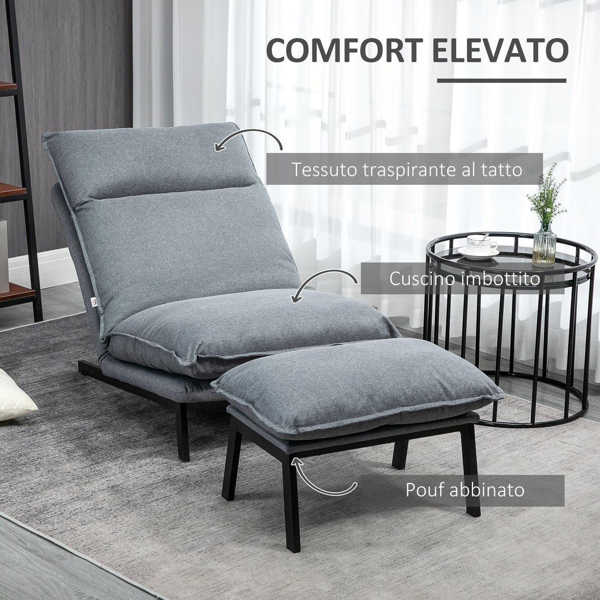 easycomfort easycomfort poltrona relax reclinabile a 4 livelli con pouf poggiapiedi in tessuto grigio chiaro