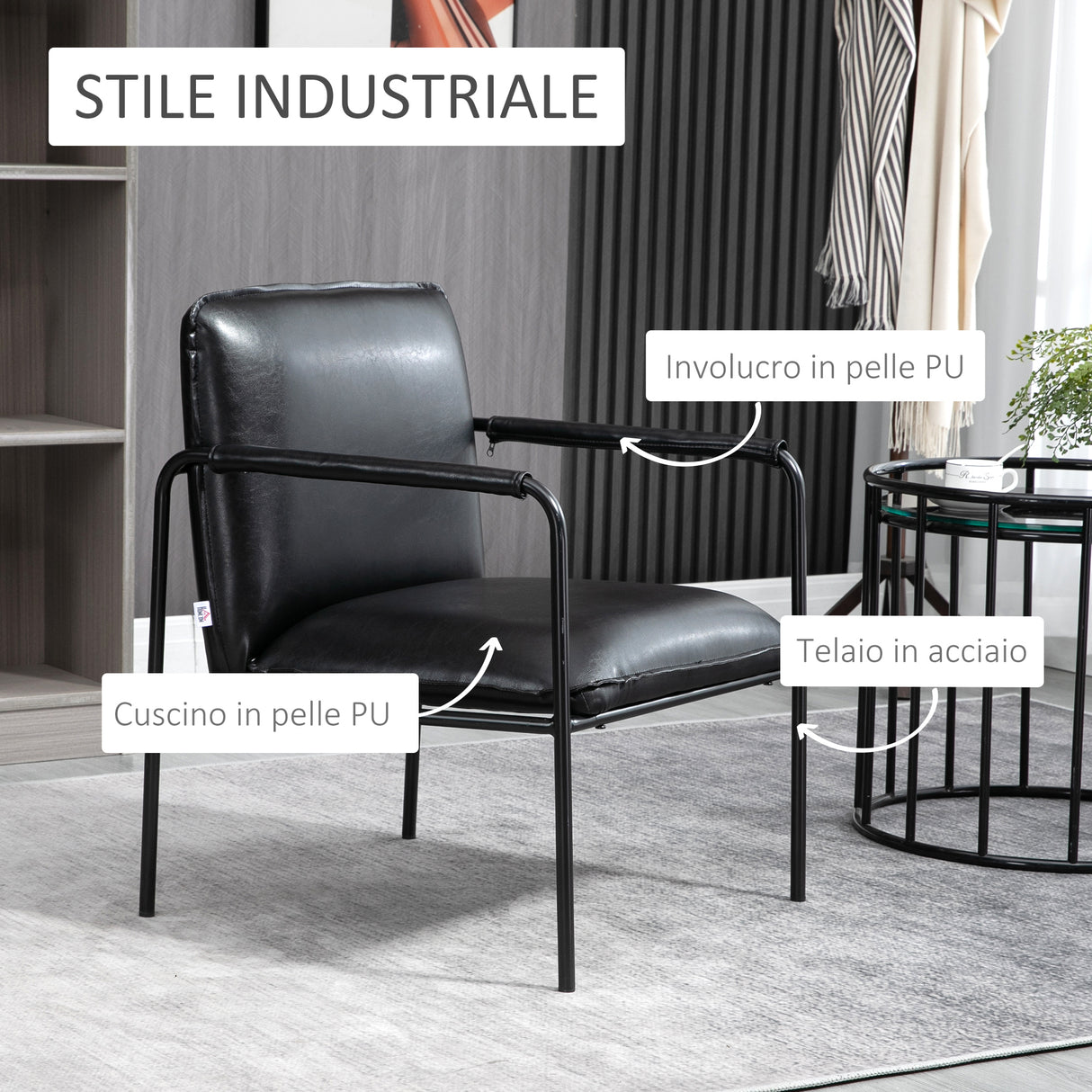 easycomfort easycomfort poltroncina da camera imbottita stile industriale similpelle pu e acciaio 60x59x78cm nero