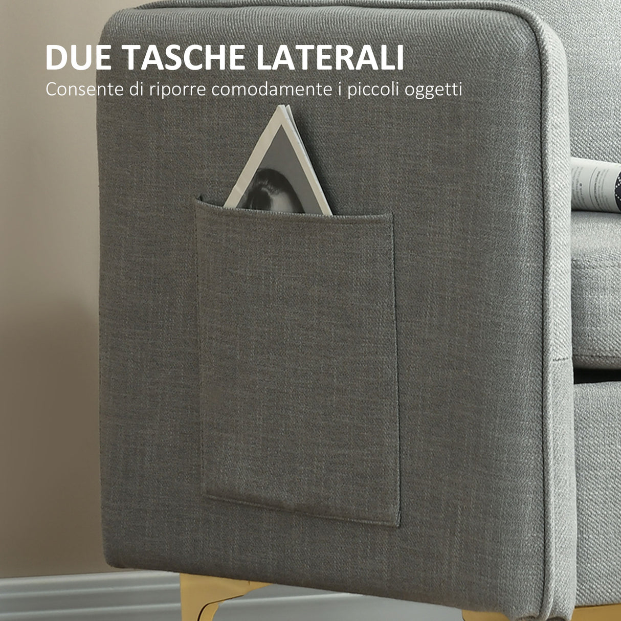 easycomfort easycomfort poltroncina moderna con tessuto effetto lino gambe in acciaio e tasche laterali 72x72x90cm grigio