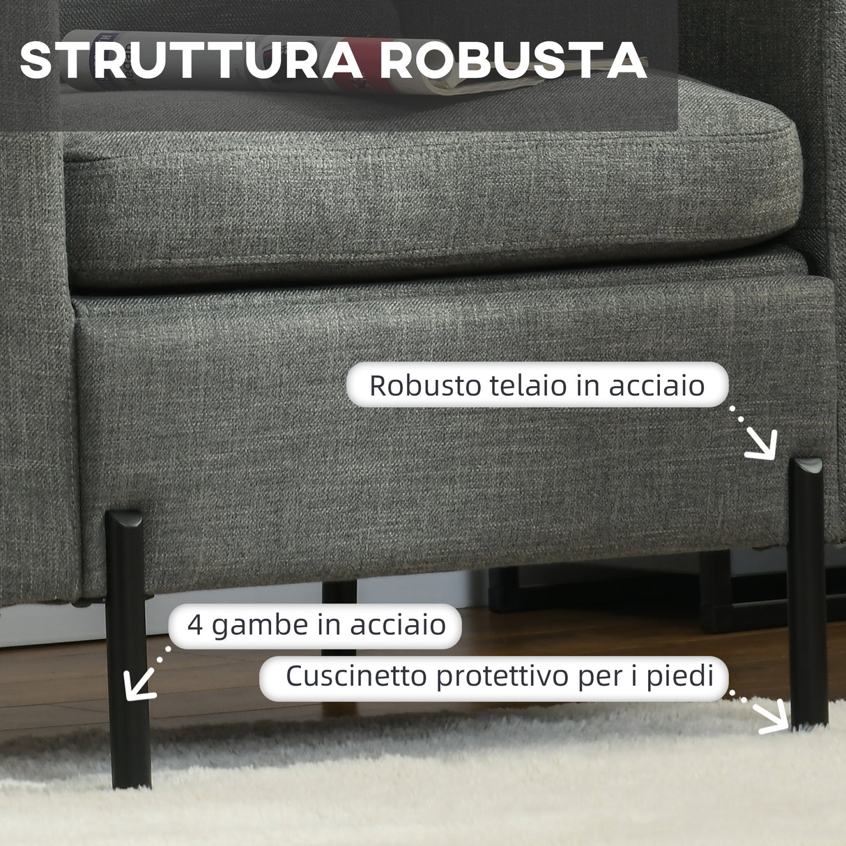 easycomfort easycomfort poltroncina moderna con tessuto effetto lino gambe in acciaio e tasche laterali 73x79x87cm grigio