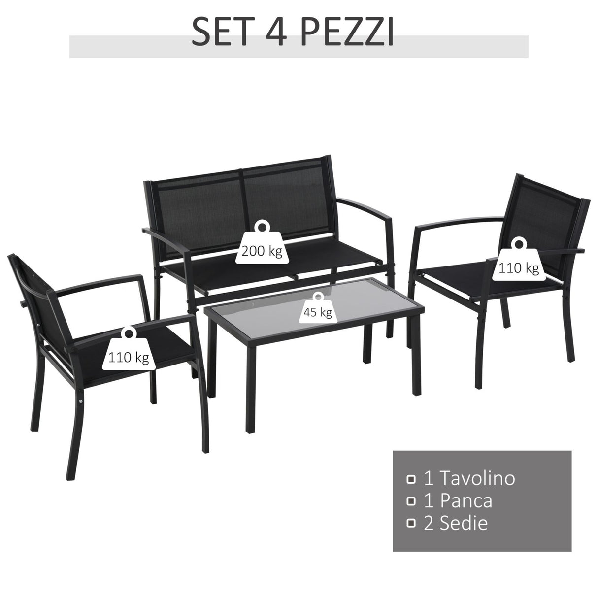 easycomfort easycomfort salotto da esterno set 4 pezzi con 1 tavolino 2 sedie da giardino e 1 panca in metallo nero ean 8054144136639